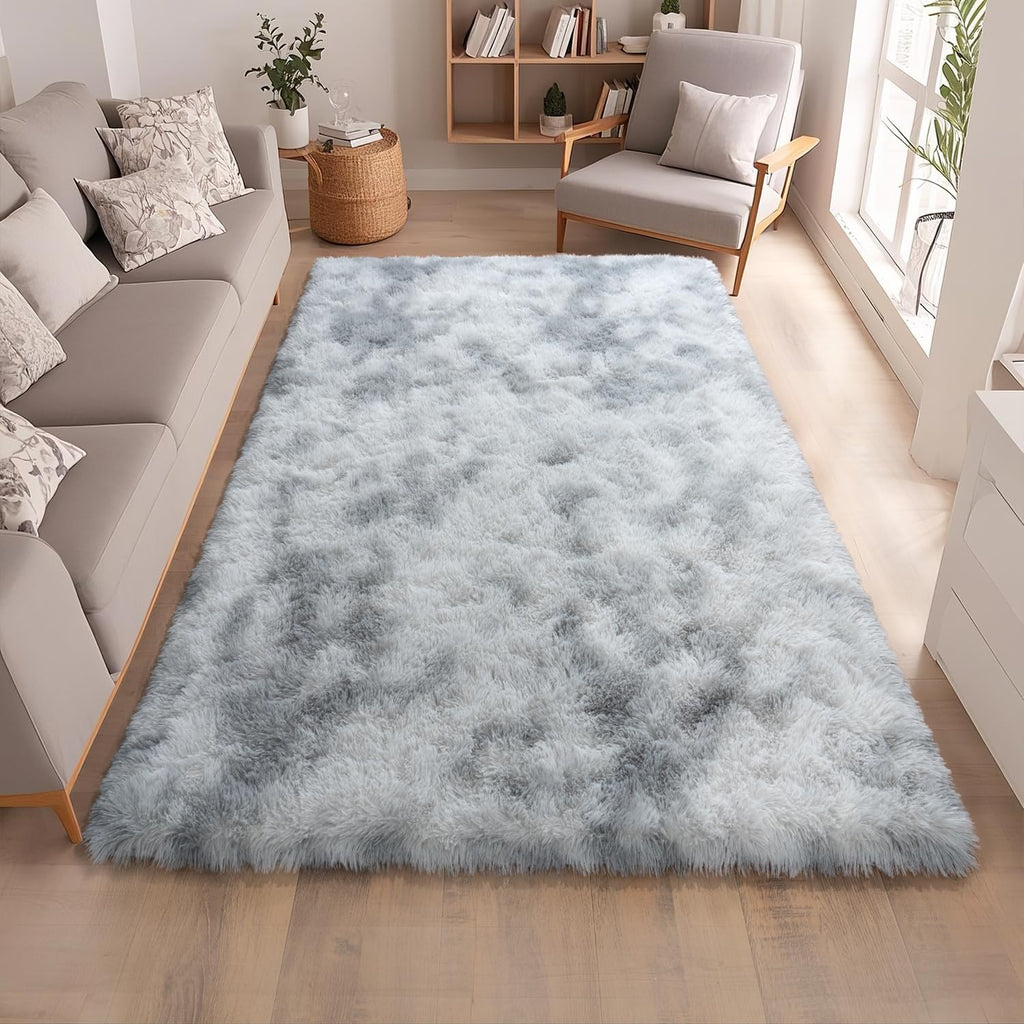 Tie-Dyed Grey Rugs for Bedroom 5x7 ft - Ultra Soft Faux Fur Area Rug - Plush Non-Slip Shaggy Carpet for Living Room, Cozy Fluffy Rug for Kids Boys Girls Dorm Nursery Room, High Pile Floor Carpet