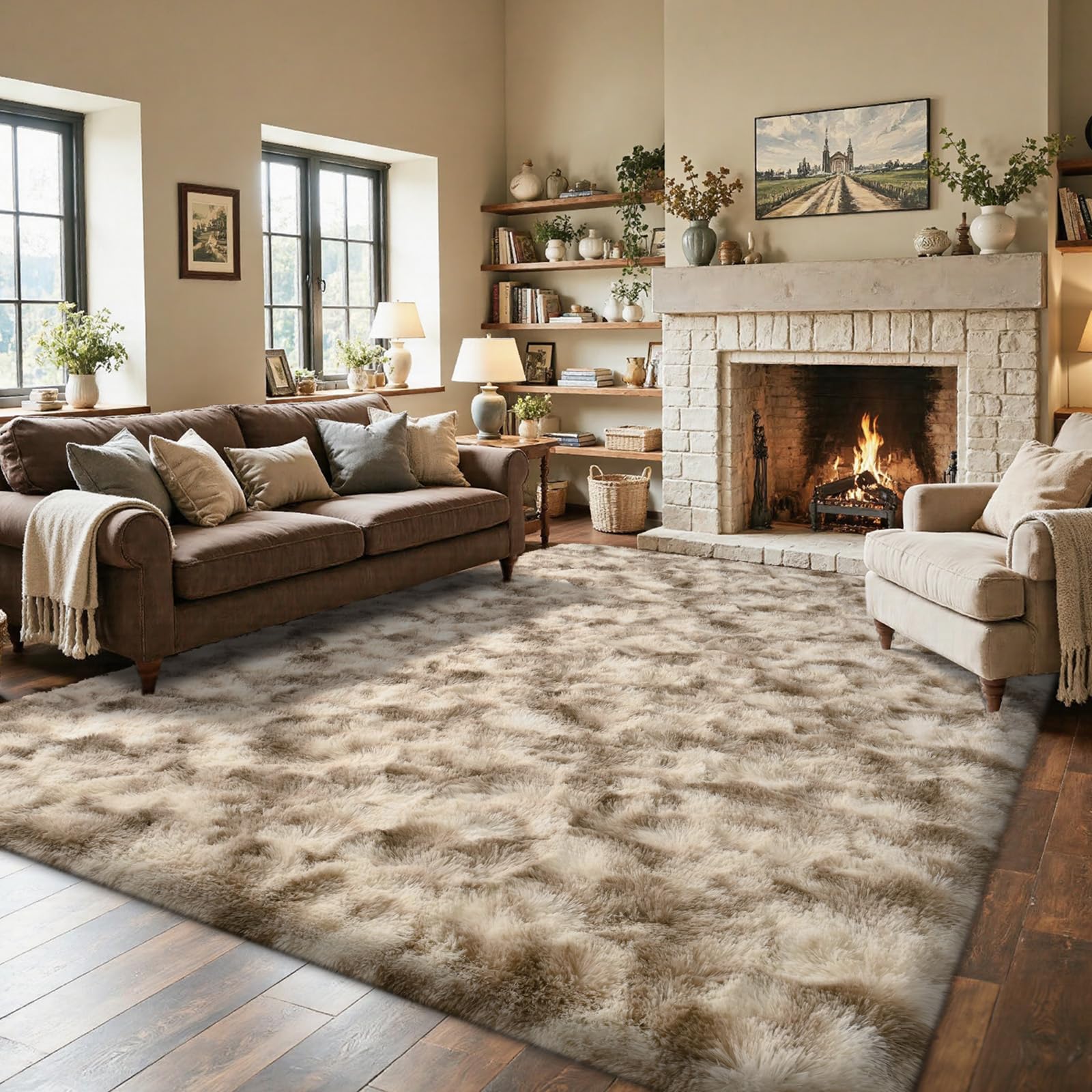 5×7ft Grey Fluffy Tie-Dyed Rug, Soft Shag Carpet for Home Decor