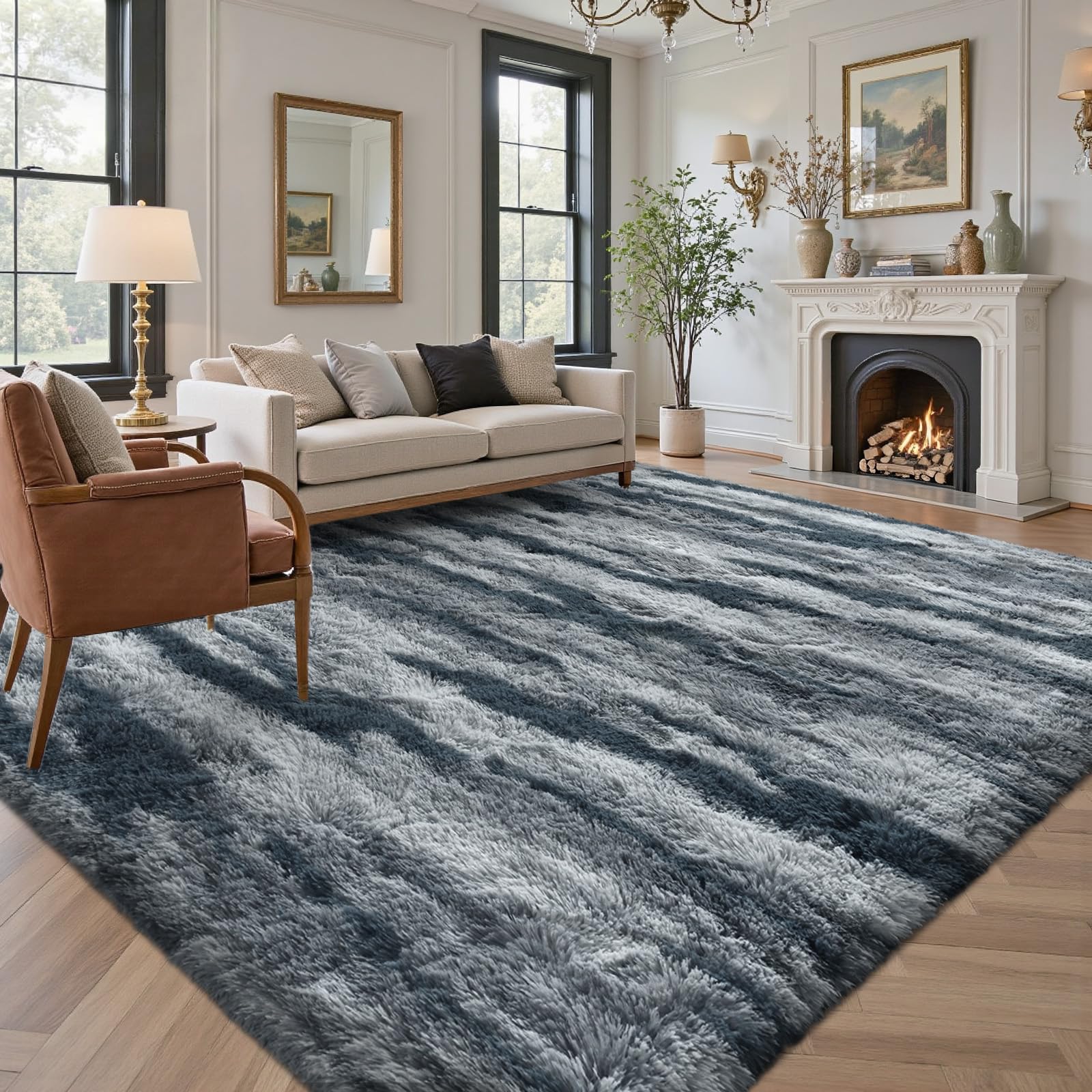 5×7ft Grey Fluffy Tie-Dyed Rug, Soft Shag Carpet for Home Decor
