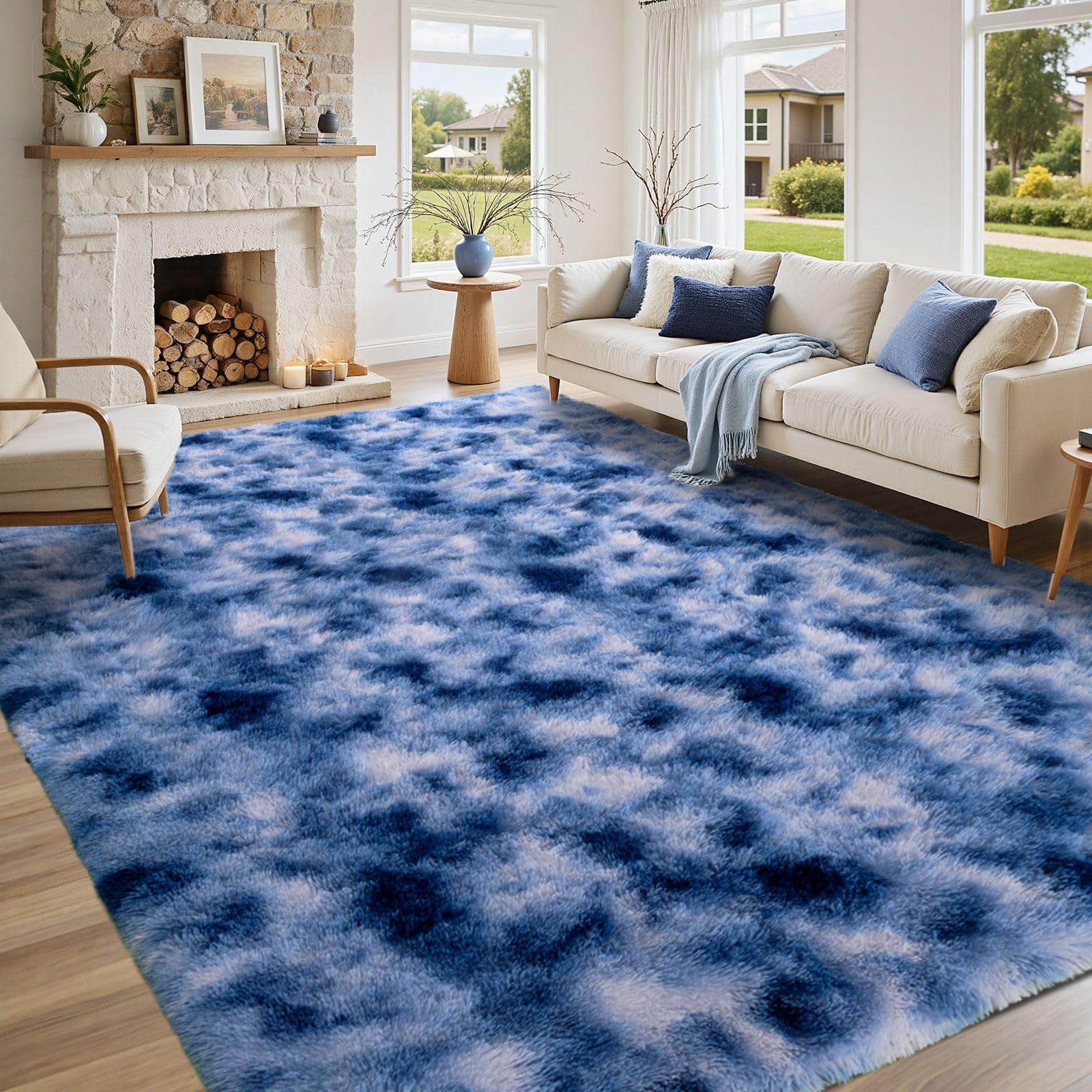 5×7ft Grey Fluffy Tie-Dyed Rug, Soft Shag Carpet for Home Decor