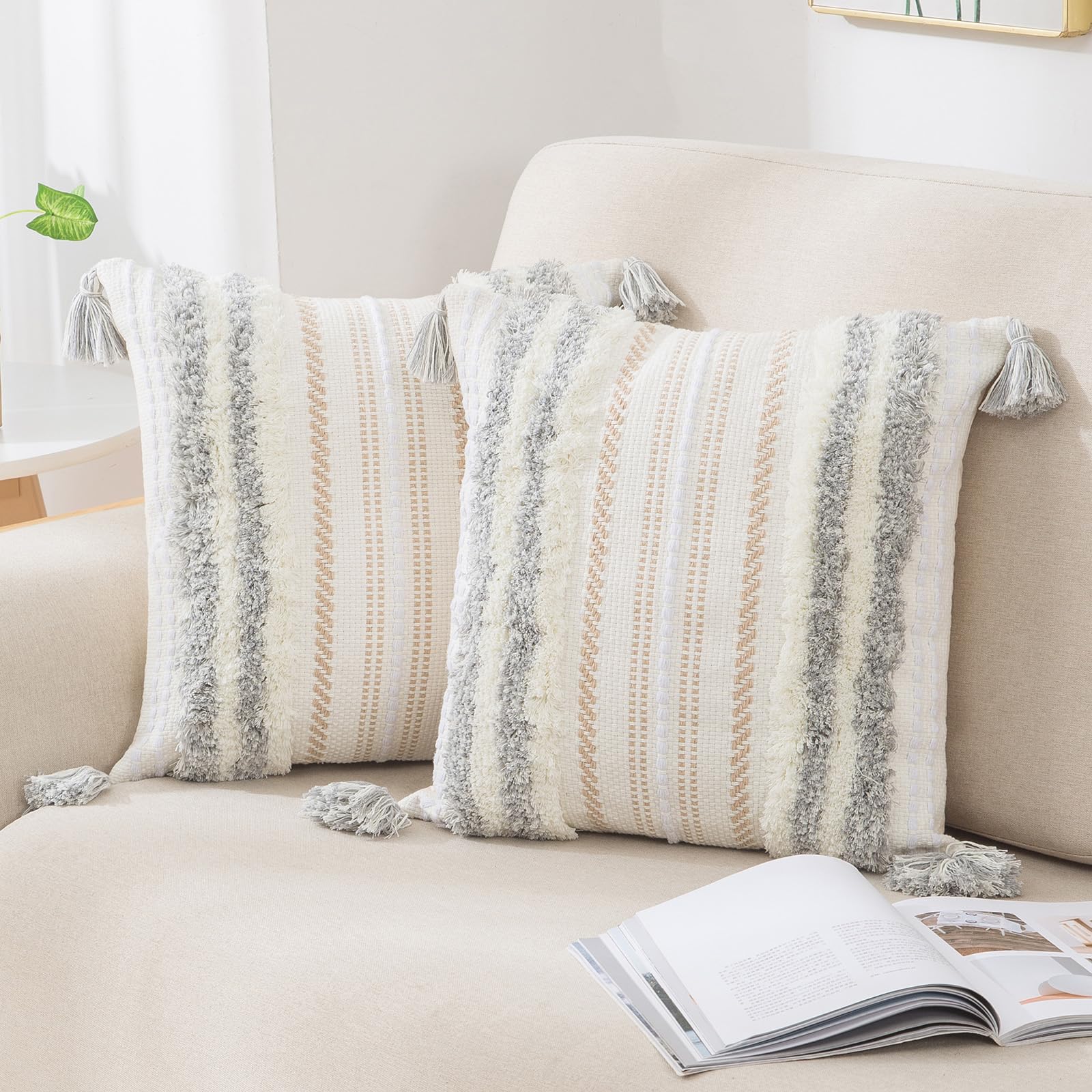 decorUhome Summer Decorative Boho Throw Pillow Covers 18x18 Set of 2, Accent Neutral Textured Tufted Pillow Covers Striped for Couch Bed Sofa Living Room, Khaki and Cream White