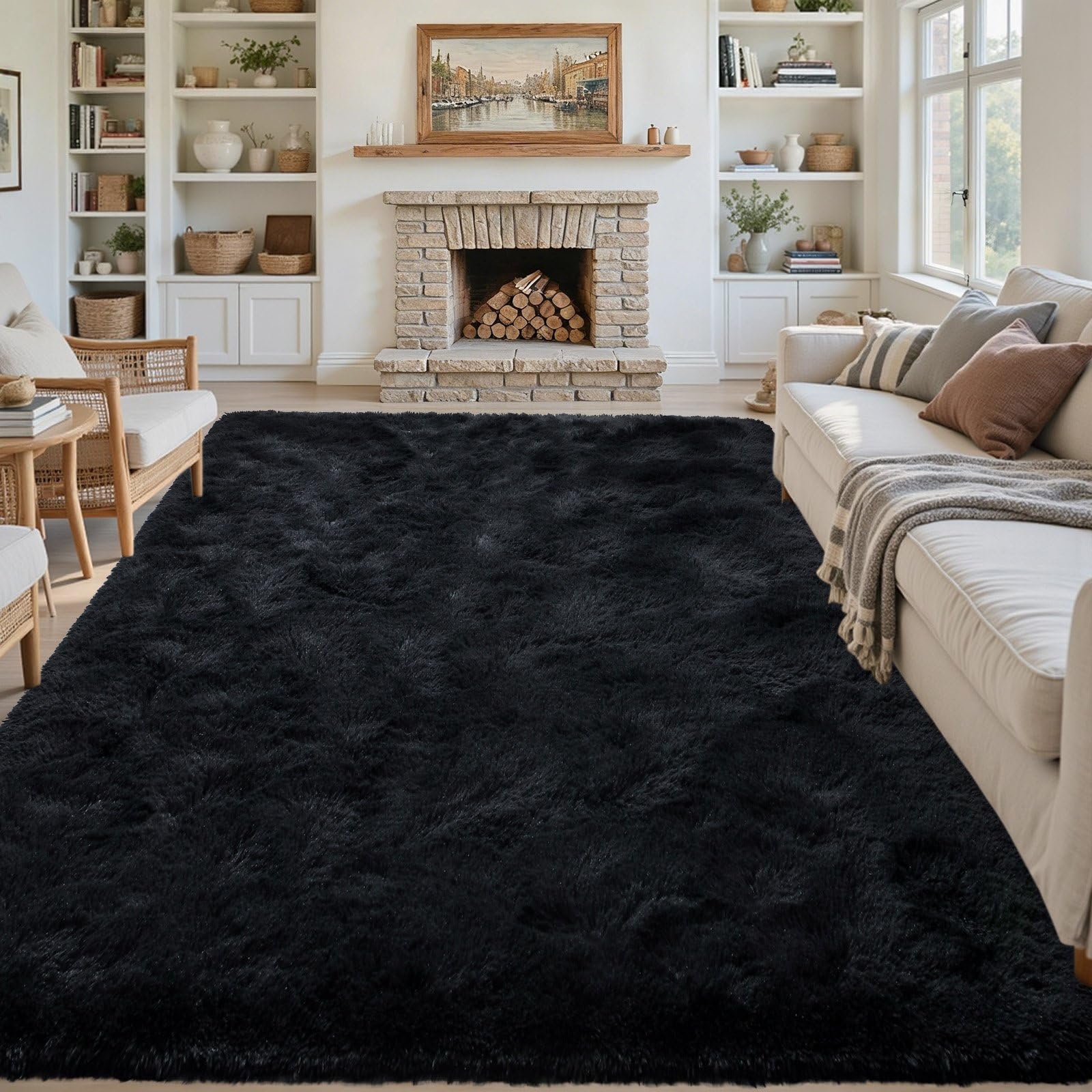 5×7ft Grey Fluffy Tie-Dyed Rug, Soft Shag Carpet for Home Decor