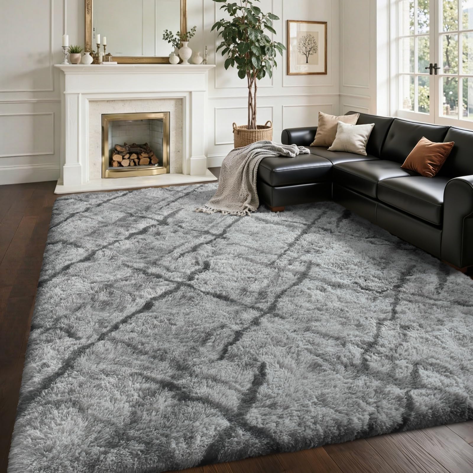 5×7ft Grey Fluffy Tie-Dyed Rug, Soft Shag Carpet for Home Decor
