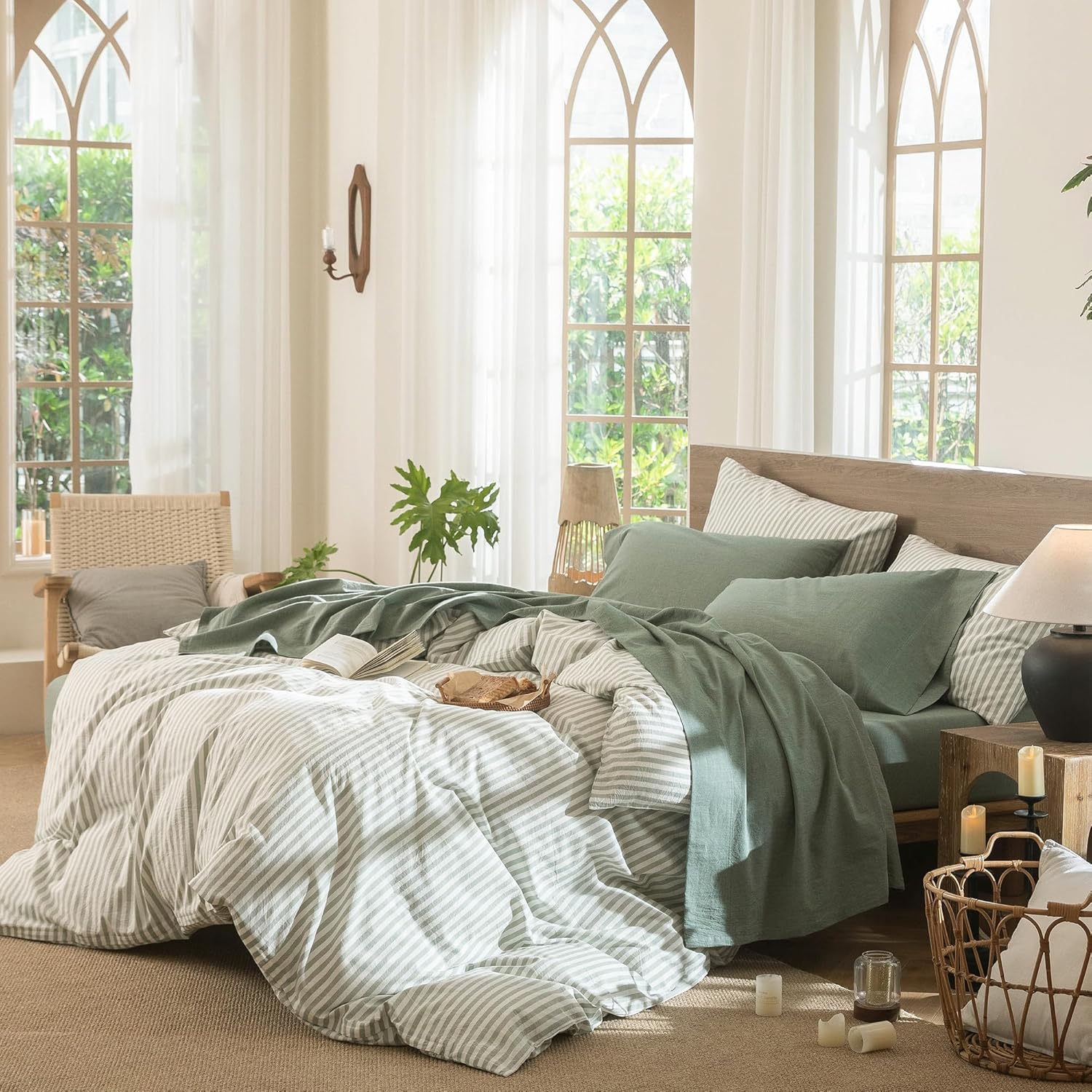 MooMee Bedding Sheet Set 100% Washed Cotton Linen Like Textured Breathable Durable Soft Comfy (Heathered Green, Queen)