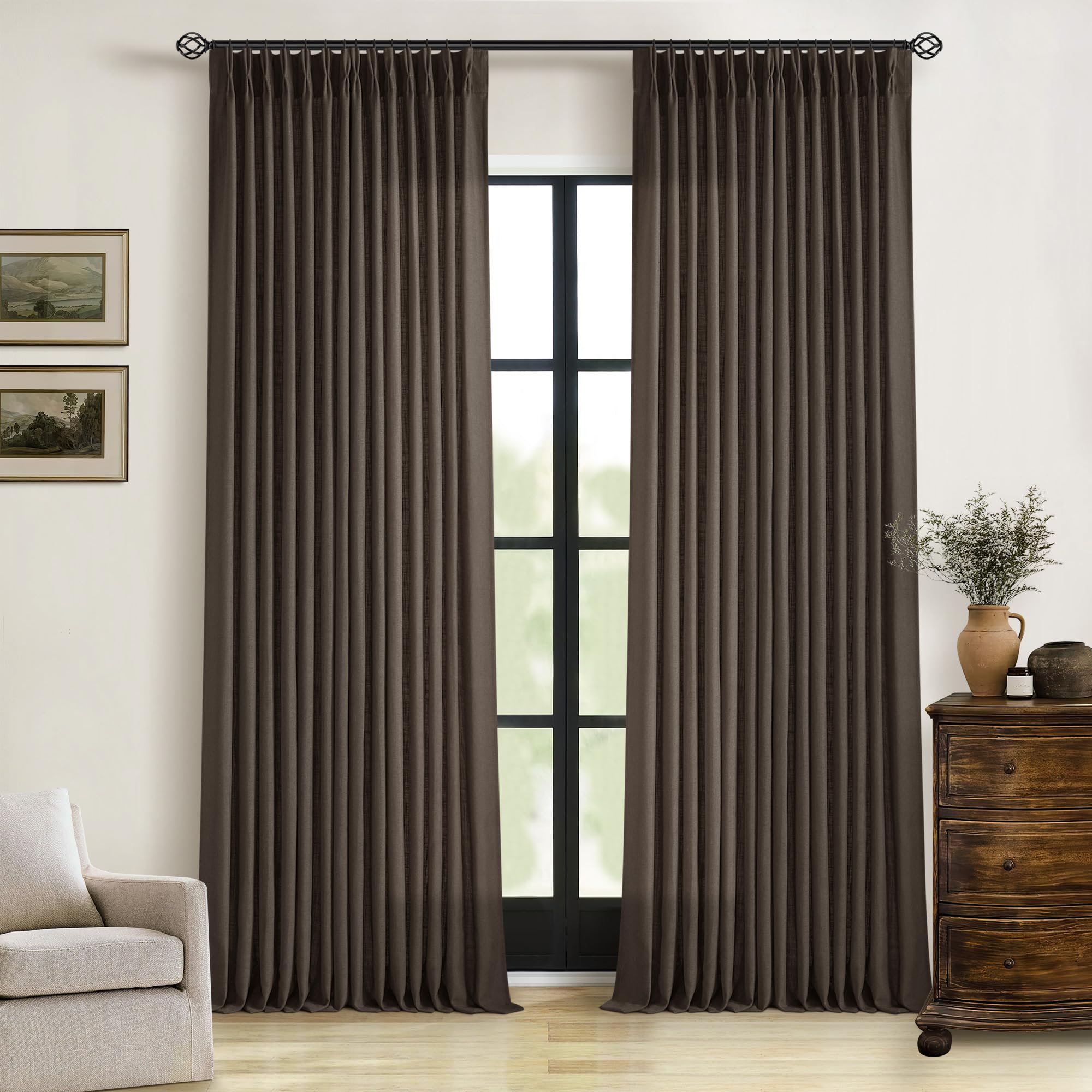 Dutch Cocoa Pinch Pleated Linen Curtains 84 Inches Long 60 Inch Width Linen Blend Light Filtering Window Curtains 84 Inch for Living Room Bedroom Patio Pinch Pleat Drapes Hooks Rings 1 Panel 60Wx84L