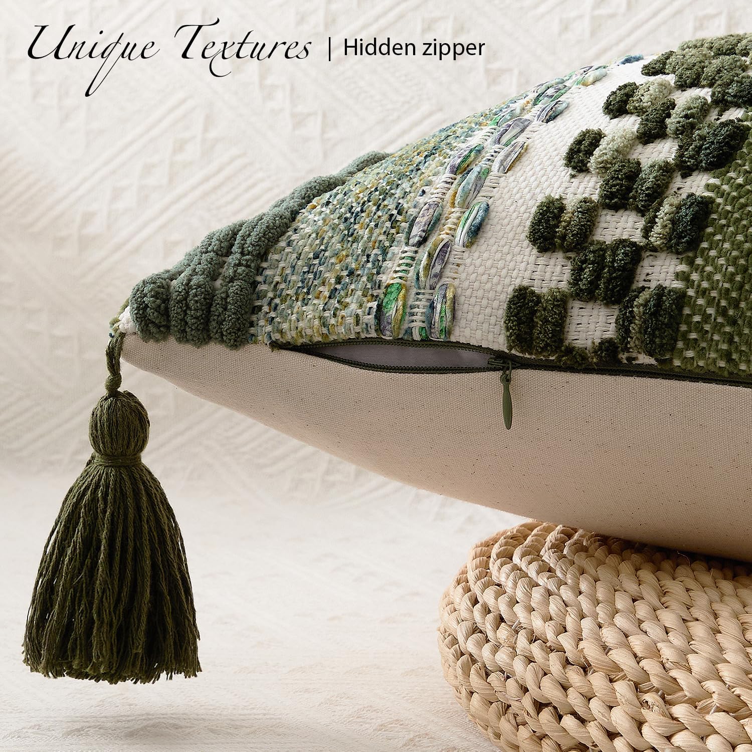 Kevin Textile 20x20 Inch Throw Pillow Cover 1 Pack Boho Decorative Soft Chenille Thread Woven Tufted Textured Square Cushion Case Farmhouse Accent for Living Room Couch Sofa Bed, Green
