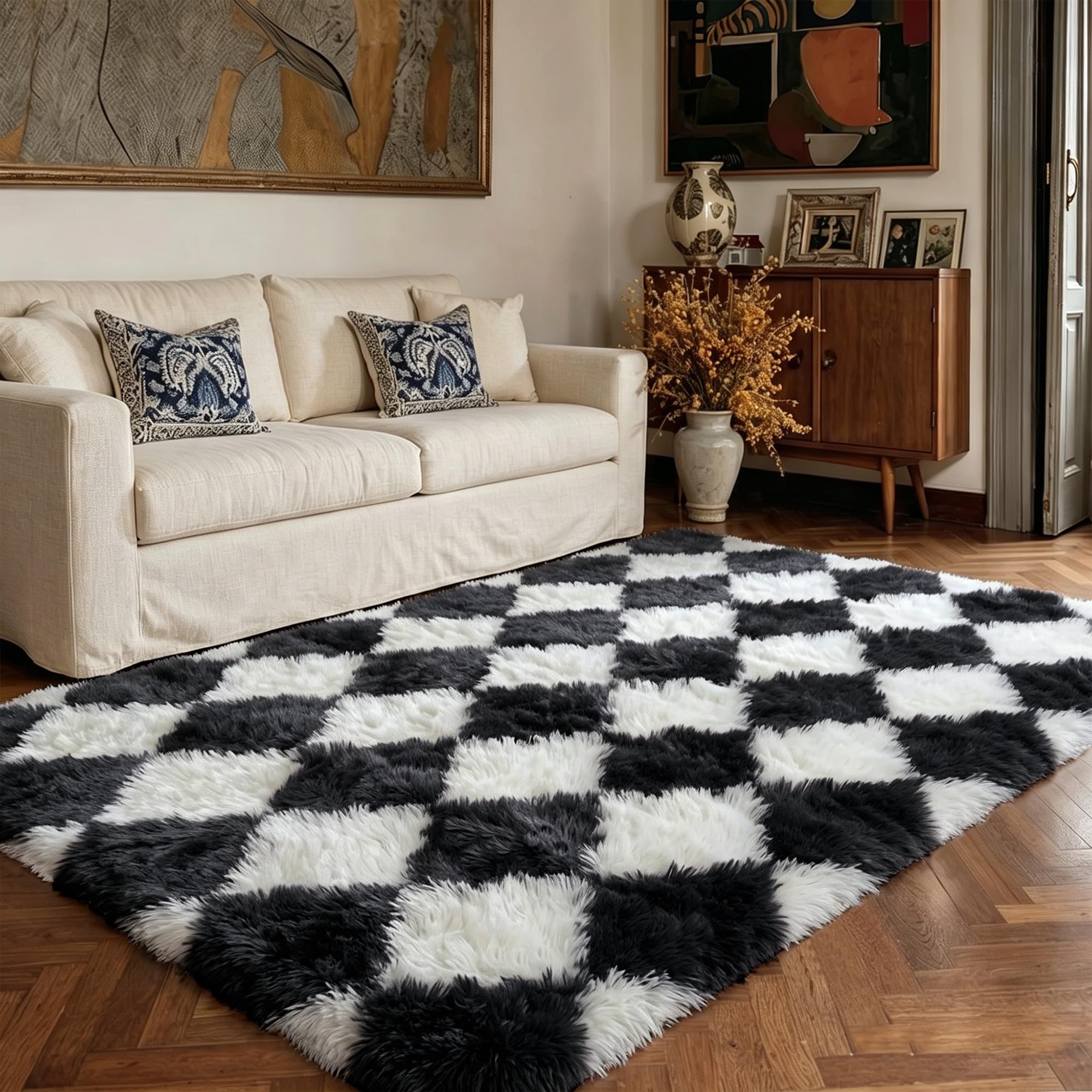 HUGEAR 8x10 Checkered Rug Coloful Living Room Modern Shag Rug Super Soft Washable Indoor Fuzzy Carpet Fluffy Vacuumable Rainbow Area Rugs for Bedroom Home Decor Non Slip