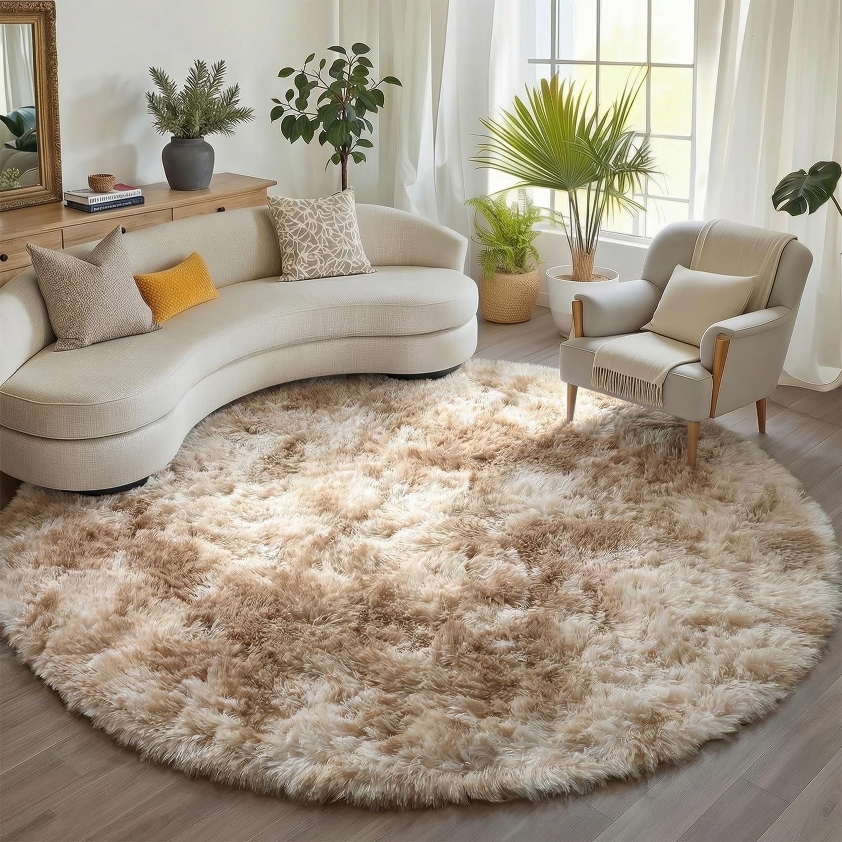 ONASAR Tie-Dyed Dark Grey Round Area Rugs 5ft, Ultra Soft Bedroom Circle Rug for Kids Girls Teen Room, Fluffy Plush Shaggy Carpet Floor Mats for Baby Nursery Living Room Playroom Home Decor