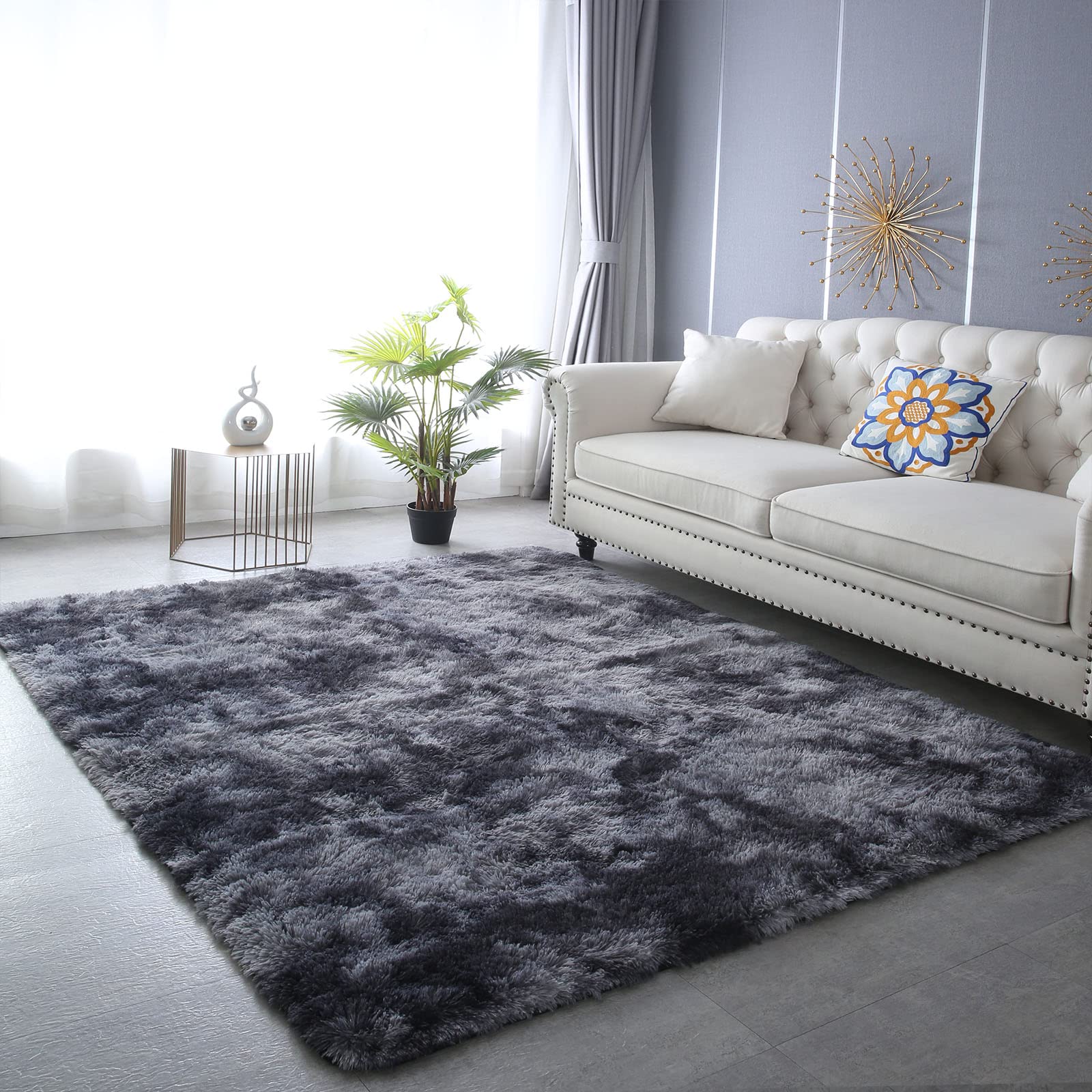 CAIYUECS Shag Area Rug,Indoor Ultra Soft Fluffy Plush Rugs for Bedroom Living Room, Non-Skid Modern Nursery Faux Fur Rugs for Kids Room Home Decor (Tie-Dyed Light Gray, 5x7 Feet)