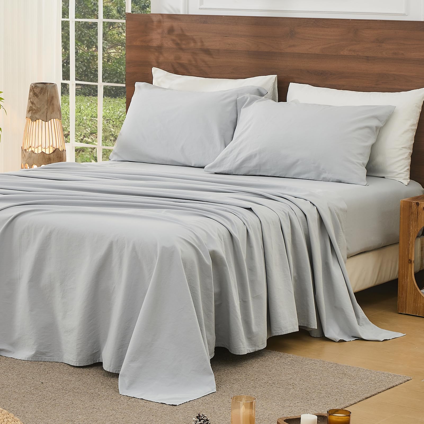 Bedlifes 100% French Pure Linen Sheets Queen Size Breathable and Cooling Flax Sheet Set Soft Durable and Moisture Wicking 16 Inch Deep Pocket-4 Piece(Queen,Linen)