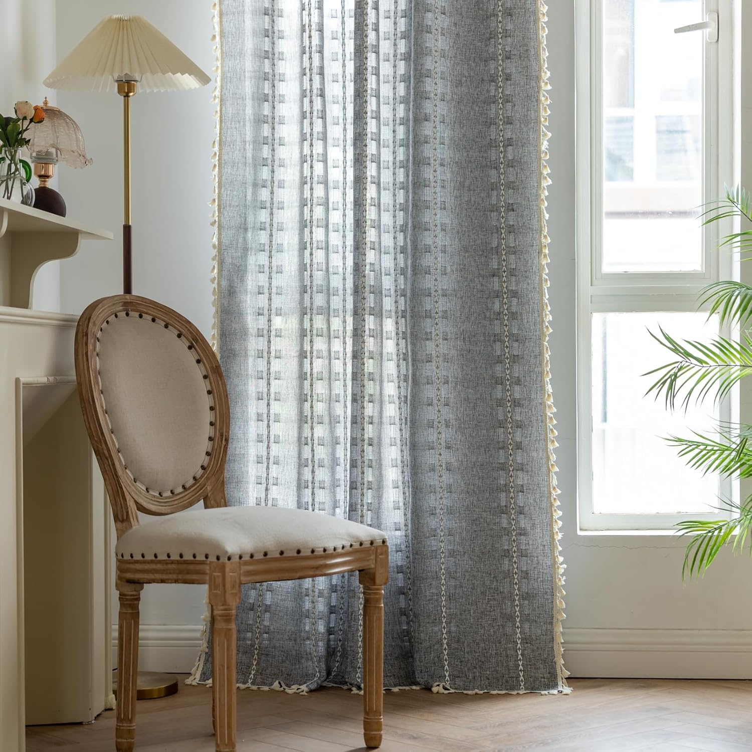 Dark Grey Boho Curtains for Living Room 84 inch Long 2 Panels, Chic Embroidered Semi Sheer Linen Farmhouse Light Filtering Drapes For Bedroom Privacy Striped Tassel Bohemian Window Decor,W52xL84