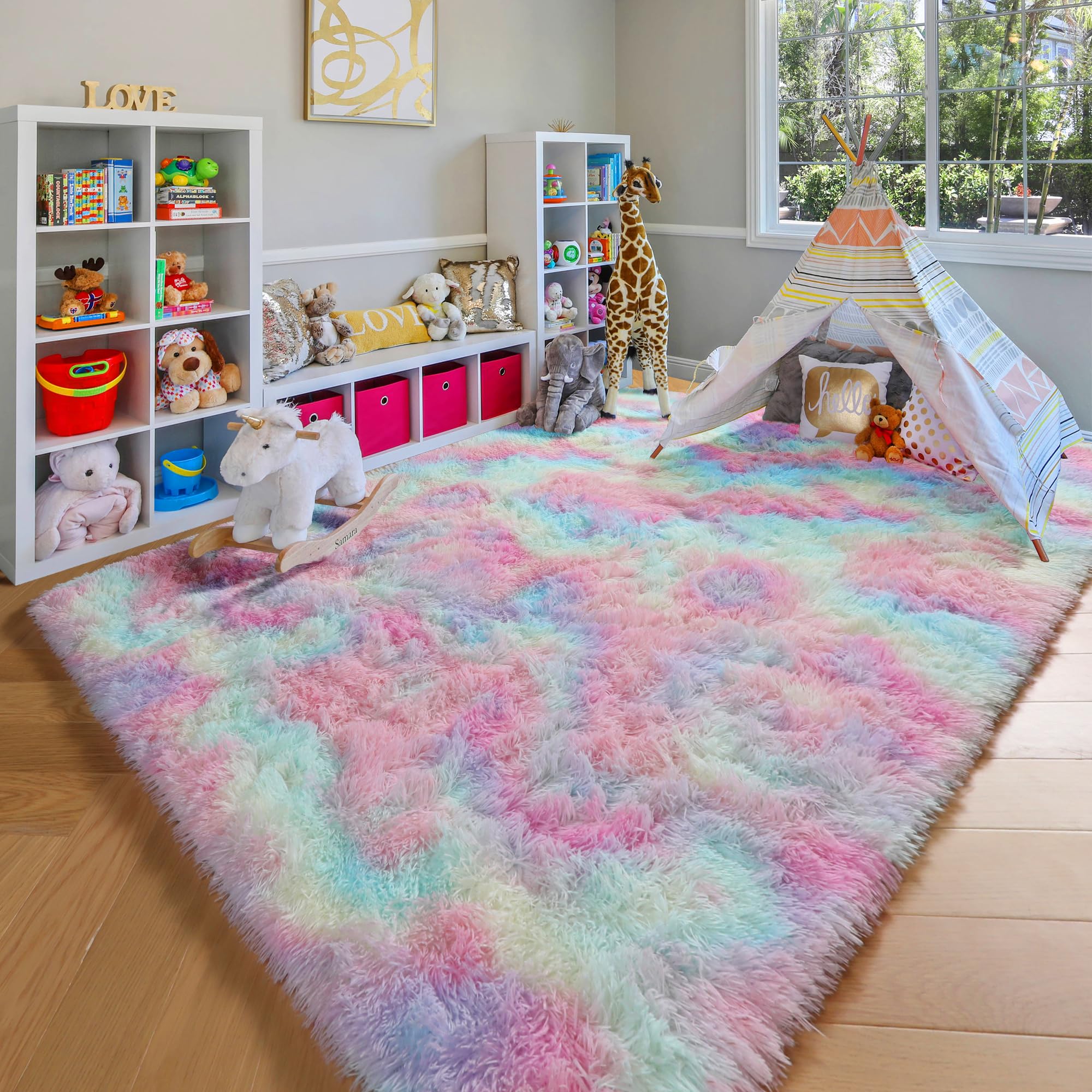 ONASAR Tie-Dyed Dark Grey Round Area Rugs 5ft, Ultra Soft Bedroom Circle Rug for Kids Girls Teen Room, Fluffy Plush Shaggy Carpet Floor Mats for Baby Nursery Living Room Playroom Home Decor