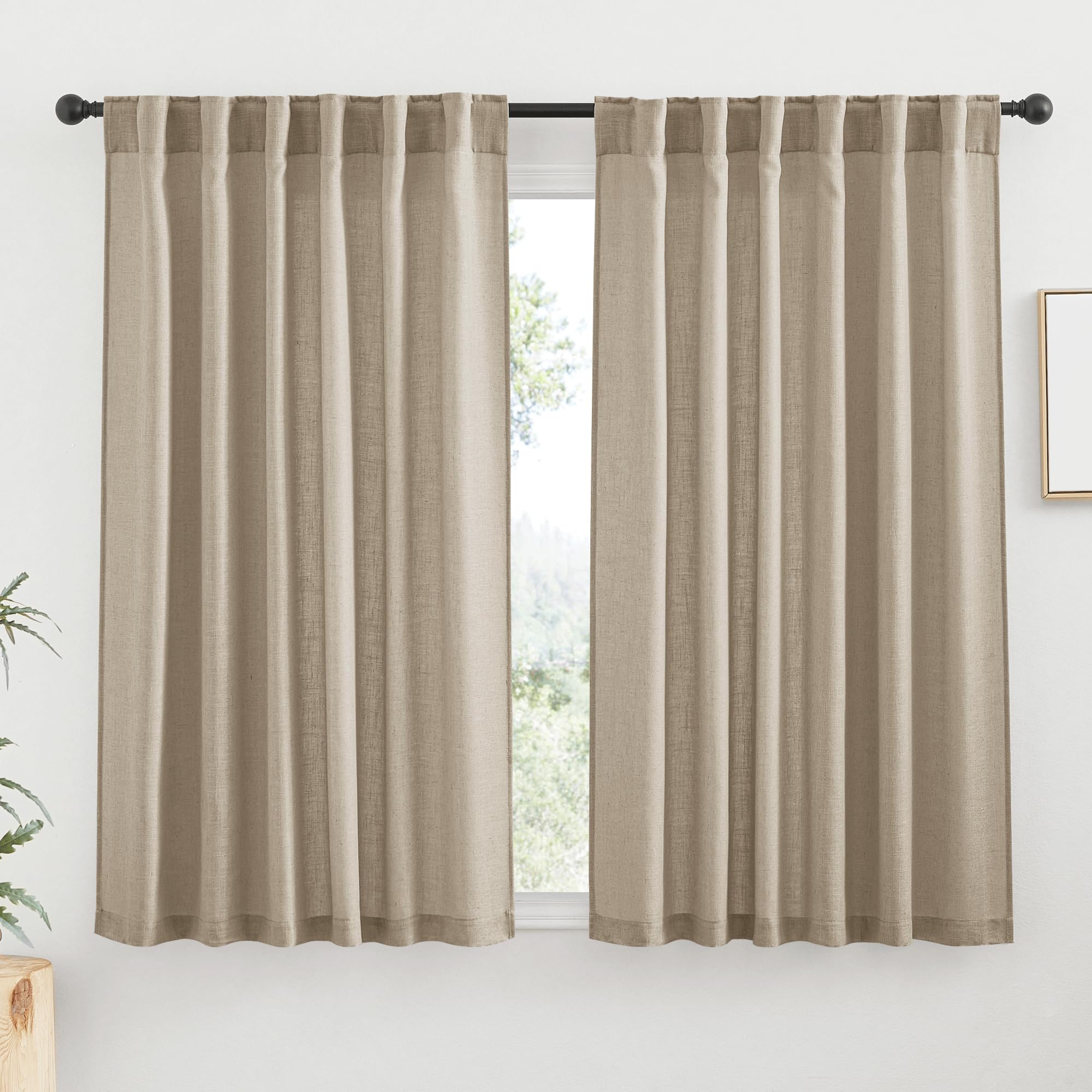 RYB HOME Linen Sheer Curtains and Drapes for Living Room 108 inches Length, Breathable Back Tab/Rod Pocket Semi Sheer Curtains, Oatmeal, W 52 x L 108 inches, 2 Panels Set