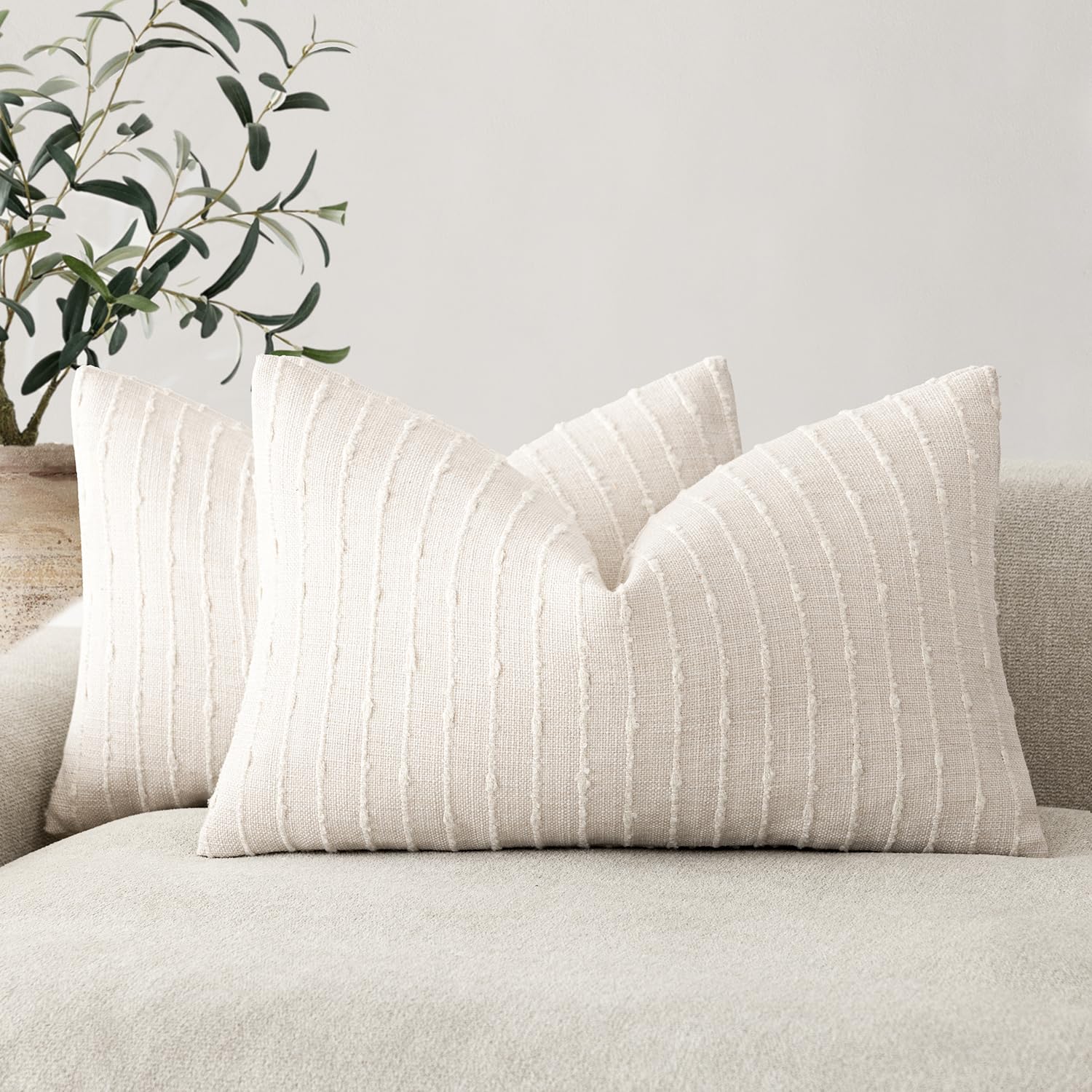Foindtower Pack of 2 Decorative Jacquard Boucle Throw Pillow Covers Accent Textured Striped Pillowcases Soft Boho Modern Cushion for Couch Sofa Bedroom Living Room Home Decor 22x22 Inch Natural Beige