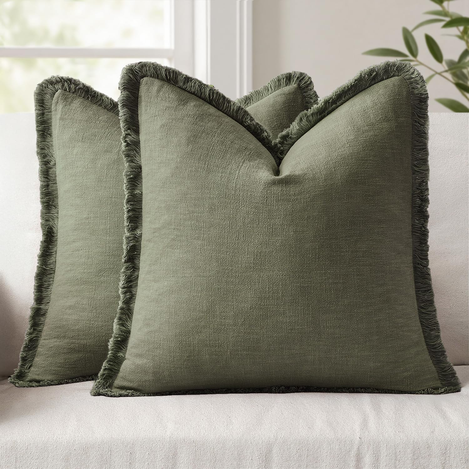 ANRODUO Set of 2 Decorative Throw Pillow Covers 26×26 Inch Soft Linen Fringe Farmhouse Boho Vintage Cushion Covers with Tassels Accent Pillowcase for Couch Sofa Bed Living Room Summer Decor Cream