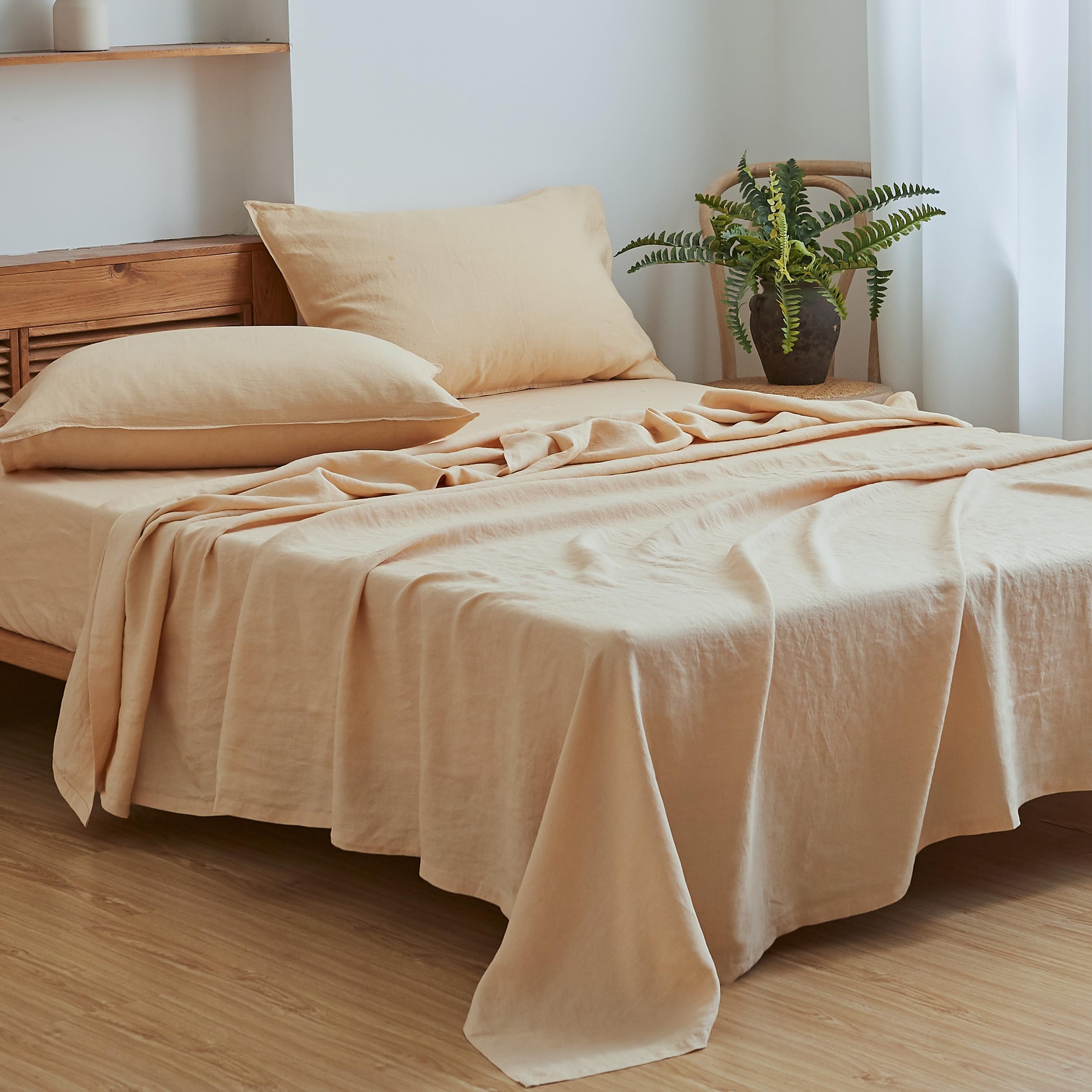Simple&Opulence 100% Linen Sheets Queen Size Set, 4 Pcs Natural French Linen Bed Sheets, Breathable Soft Durable Bedding Set for All Season (Classic Blue, Queen)