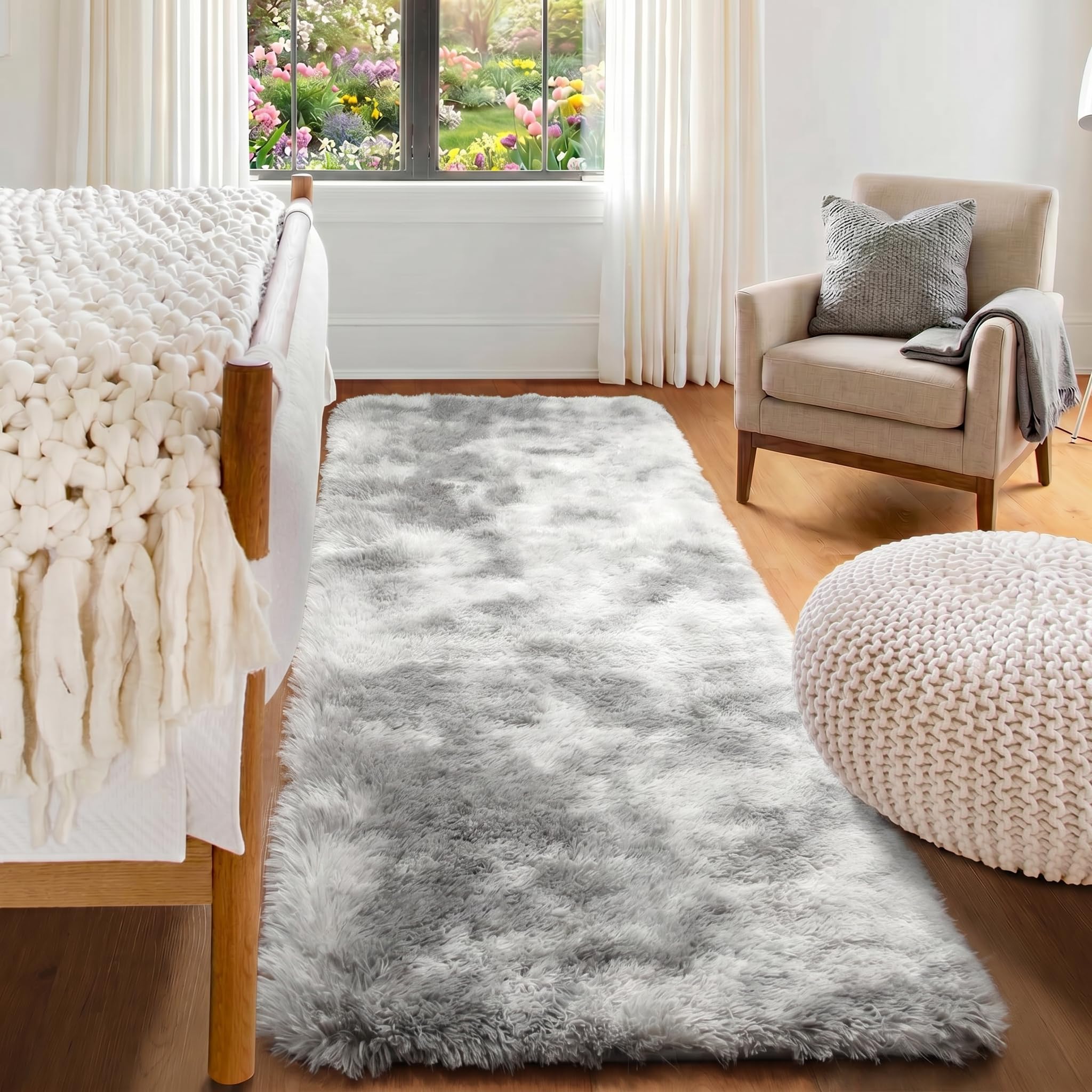 ONASAR Tie-Dyed Dark Grey Round Area Rugs 5ft, Ultra Soft Bedroom Circle Rug for Kids Girls Teen Room, Fluffy Plush Shaggy Carpet Floor Mats for Baby Nursery Living Room Playroom Home Decor