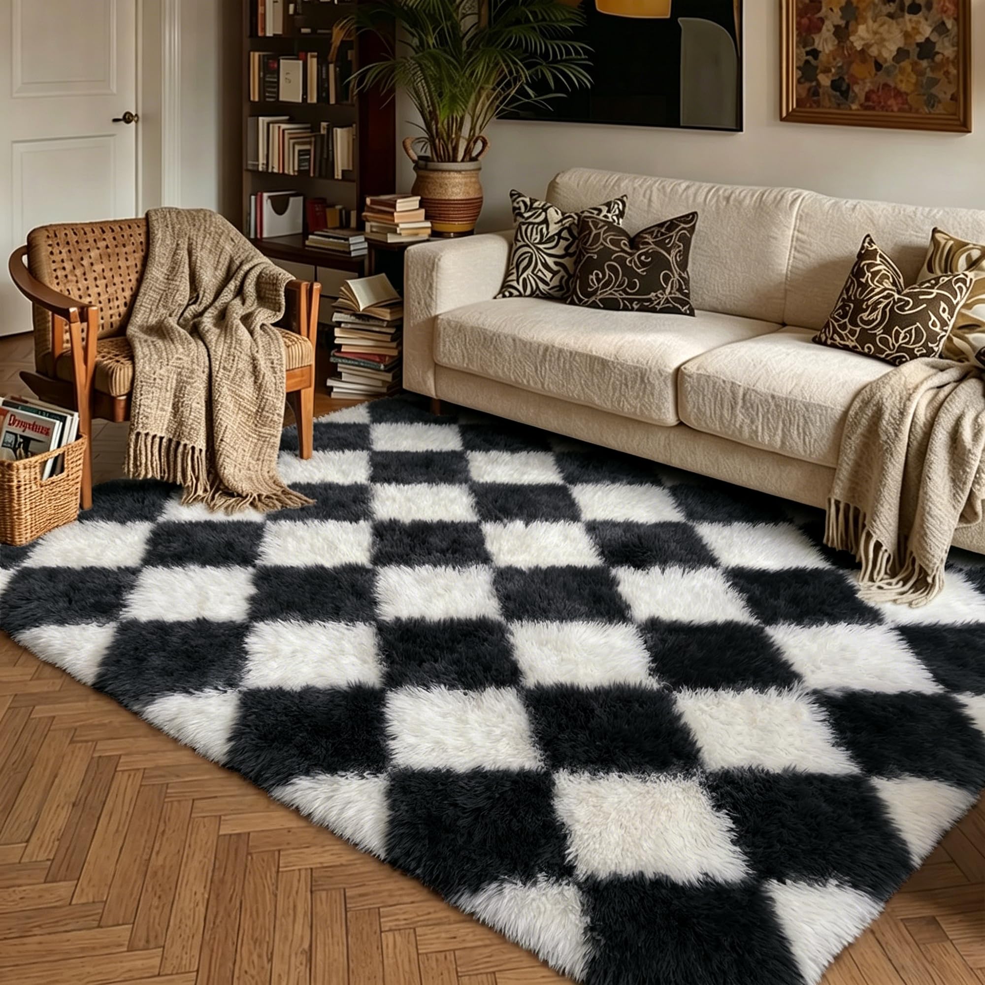 HUGEAR 8x10 Checkered Rug Coloful Living Room Modern Shag Rug Super Soft Washable Indoor Fuzzy Carpet Fluffy Vacuumable Rainbow Area Rugs for Bedroom Home Decor Non Slip