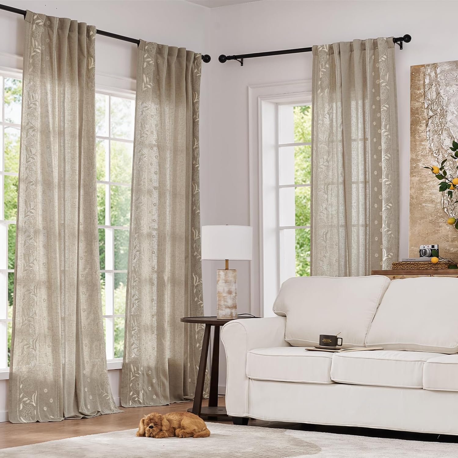 jinchan Winslow Linen Curtains for Bedroom 84 Inches Length Ivory on Taupe Embroidered Bordered Floral Curtains for Living Room Farmhouse Decor Light Filtering Window Treatments 2 Panels