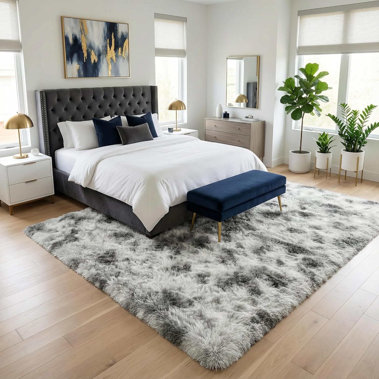 Fluffy 5x7 Area Rugs for Bedroom: Tie-dye White Grey Soft Shag Rug for Living Room, Large Fuzzy Plush Indoor Floor Carpet Non Slip Modern Rug for Nursery Boys Girls Kids Room Playroom Dorms Home Decor