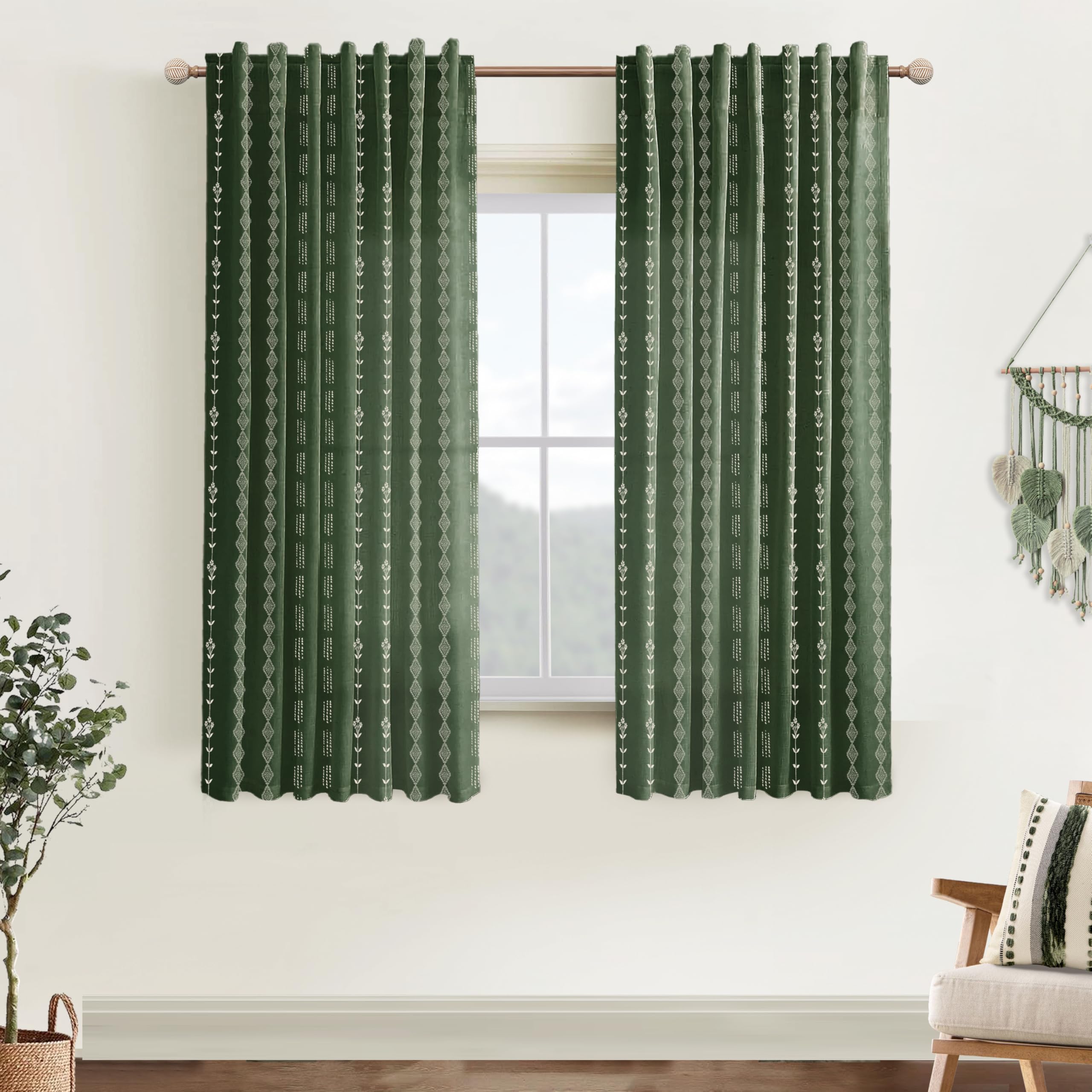 Linen Farmhouse Curtains for Living Room, Neutral Taupe Cream Light Filtering Boho Sheer Floral Patterned Curtains for Dining Room Bedroom 84 Inch Length 2 Panels Set