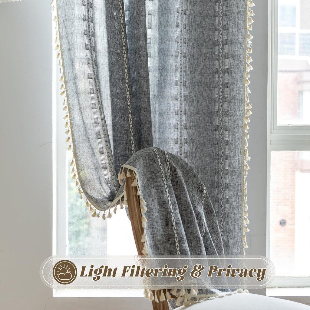 Dark Grey Boho Curtains for Living Room 84 inch Long 2 Panels, Chic Embroidered Semi Sheer Linen Farmhouse Light Filtering Drapes For Bedroom Privacy Striped Tassel Bohemian Window Decor,W52xL84