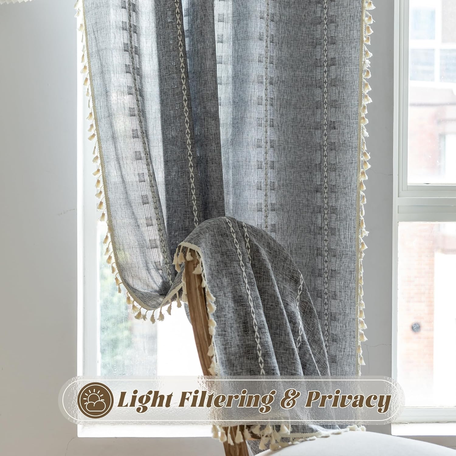 Dark Grey Boho Curtains for Living Room 84 inch Long 2 Panels, Chic Embroidered Semi Sheer Linen Farmhouse Light Filtering Drapes For Bedroom Privacy Striped Tassel Bohemian Window Decor,W52xL84