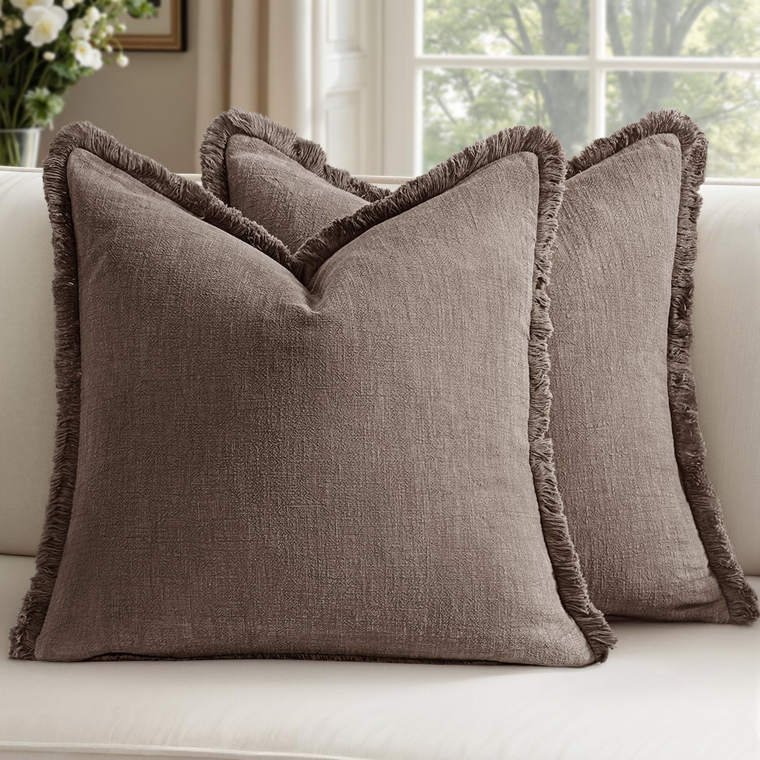 Decorative Linen Fringe Throw Pillow Covers Boho Farmhouse Soft Euro Accent Pillowcases with Tassels for Bed Couch Sofa Living Room Bedroom,24x24 Inch Set of 2,Brown