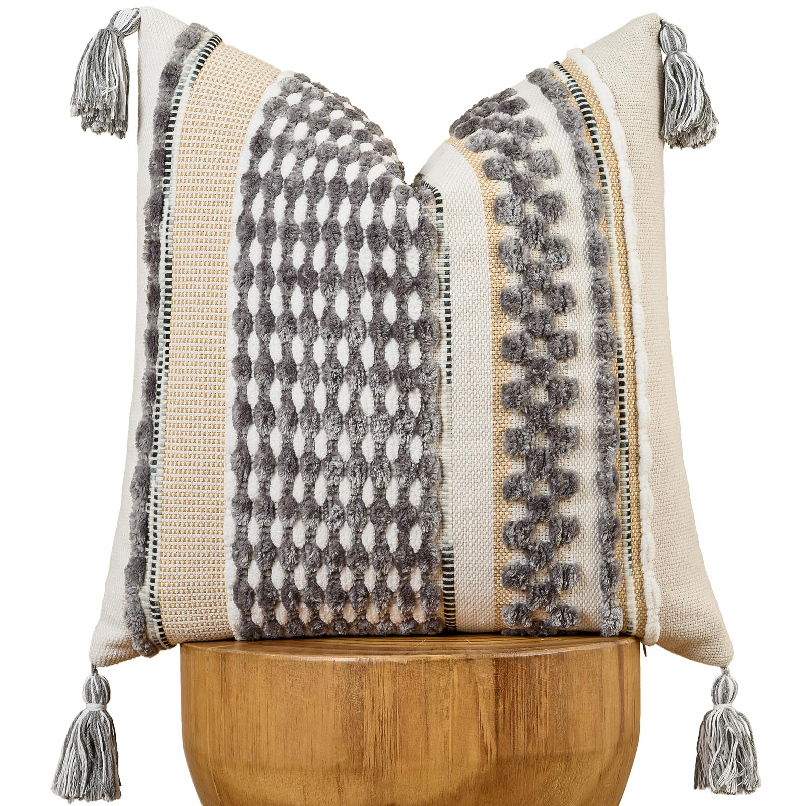 AmHoo Set of 2 Chenille Striped Tufted Textured Boho Throw Pillow Covers Aesthetic with Tassels Woven Decorative Pillow Case for Couch Bed Sofa Bedroom Modern Funky 18 x 18-Inch Brown White