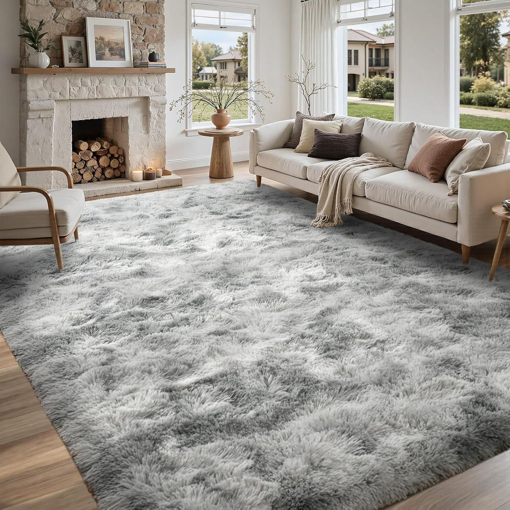 5×7ft Grey Fluffy Tie-Dyed Rug, Soft Shag Carpet for Home Decor