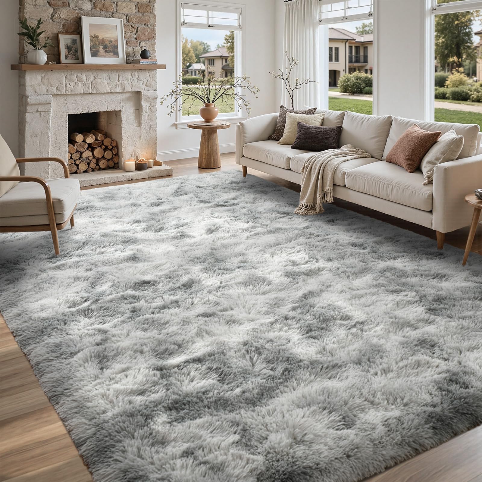 5×7ft Grey Fluffy Tie-Dyed Rug, Soft Shag Carpet for Home Decor