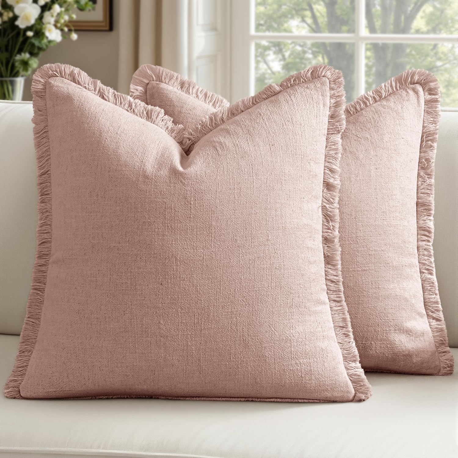Decorative Linen Fringe Throw Pillow Covers Boho Farmhouse Soft Euro Accent Pillowcases with Tassels for Bed Couch Sofa Living Room Bedroom,24x24 Inch Set of 2,Brown