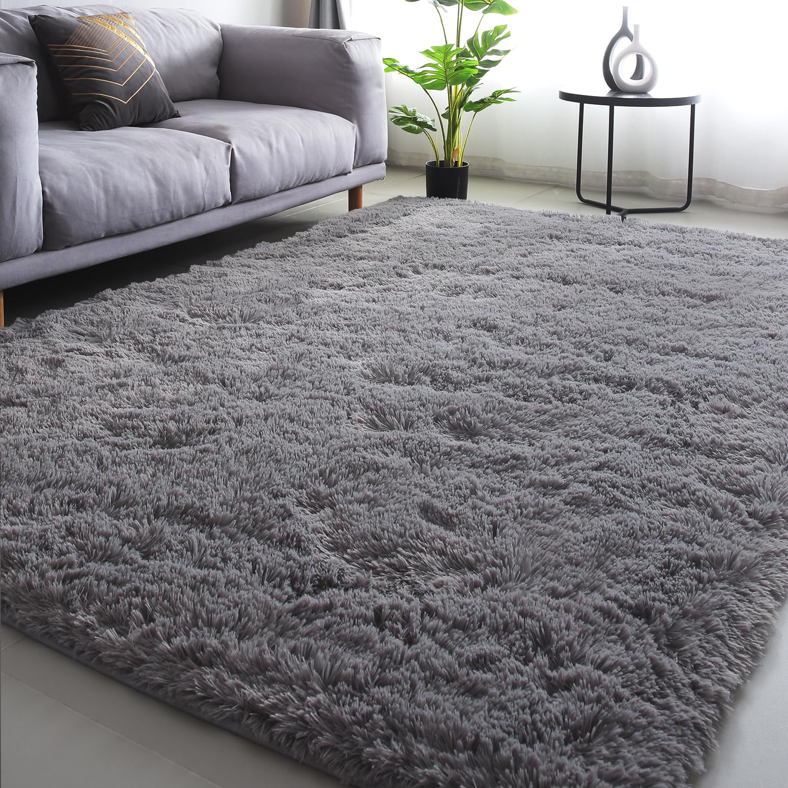 CAIYUECS Shag Area Rug,Indoor Ultra Soft Fluffy Plush Rugs for Bedroom Living Room, Non-Skid Modern Nursery Faux Fur Rugs for Kids Room Home Decor (Tie-Dyed Light Gray, 5x7 Feet)