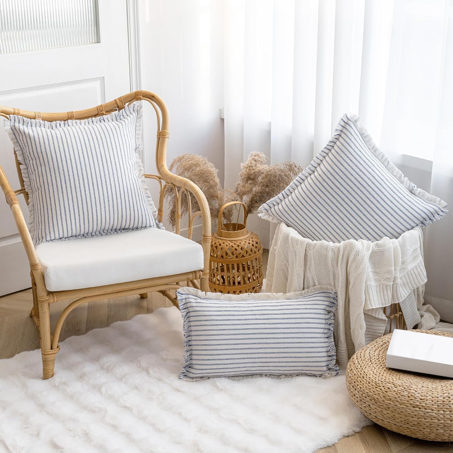 YEENAASY Throw Pillow Covers 22x22 Set of 2 Striped Fringe Pillow Cover Farmhouse Cushion Covers with Tassel Neutral Boho Pillows Decorative Square Pillowcase for Couch Sofa Bed, Blue