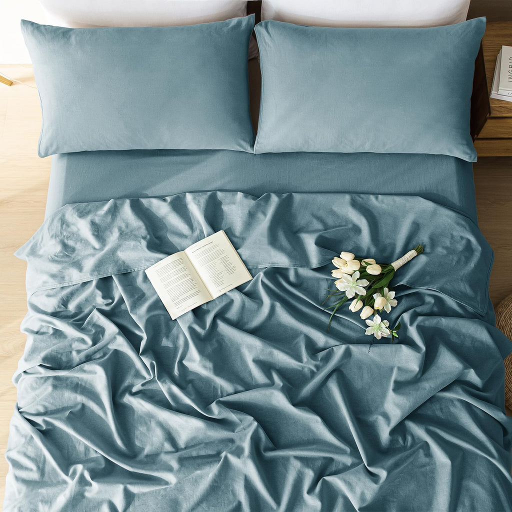 100% Linen Sheets Queen Size 4 Piece - Washed Natural Flax Bedding Set, Ultra Breathable Soft Durable Flat Sheet, Fitted Sheet Set with 16" Deep Pocket, All Season (Linen, King)