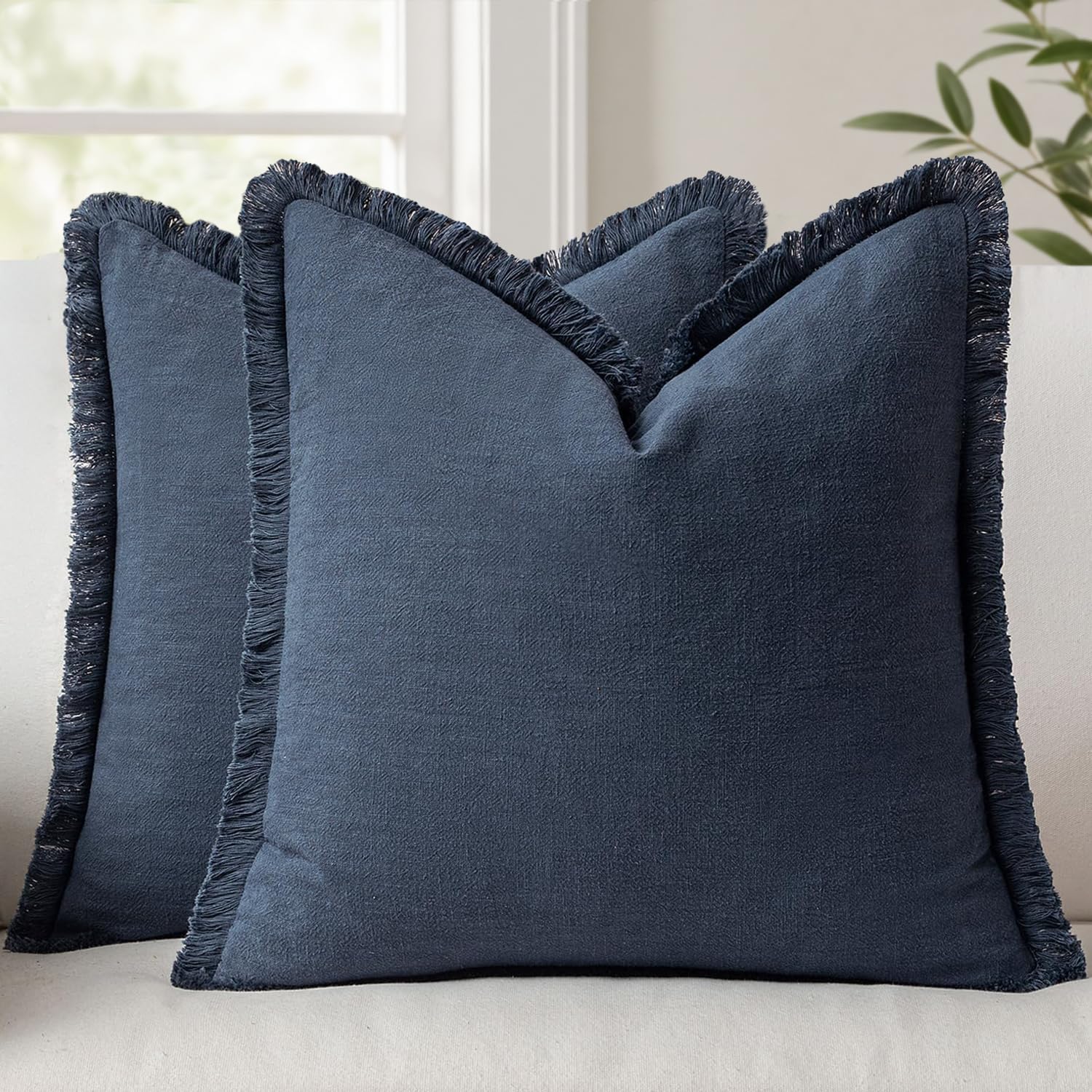 ANRODUO Set of 2 Decorative Throw Pillow Covers 26×26 Inch Soft Linen Fringe Farmhouse Boho Vintage Cushion Covers with Tassels Accent Pillowcase for Couch Sofa Bed Living Room Summer Decor Cream