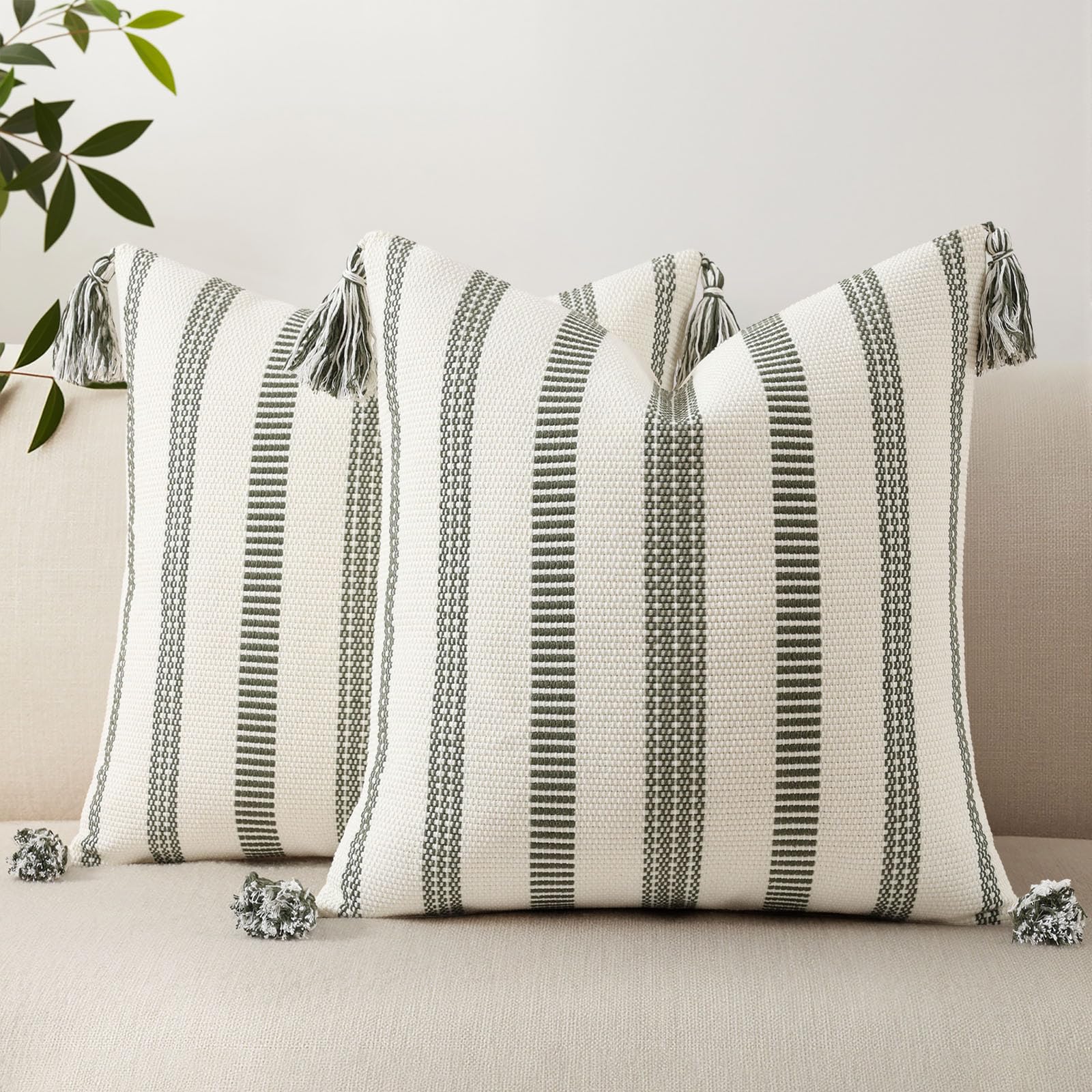Smile Bee Boho Outdoor Couch Throw Pillow Covers Set of 2 Decorative Thick Woven Striped Accent Neutral Pillow Covers with Tassels for Bed Sofa Home Decor 20x20 Inch, Navy Blue and Cream White