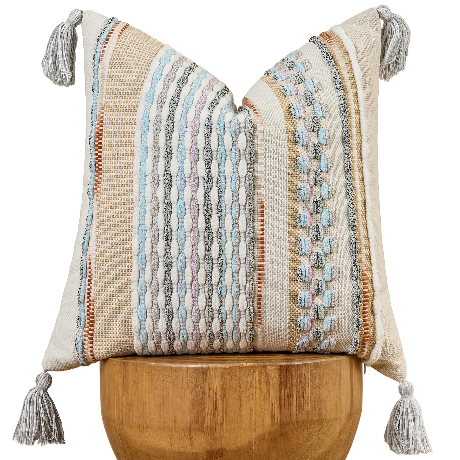 AmHoo Set of 2 Chenille Striped Tufted Textured Boho Throw Pillow Covers Aesthetic with Tassels Woven Decorative Pillow Case for Couch Bed Sofa Bedroom Modern Funky 18 x 18-Inch Brown White