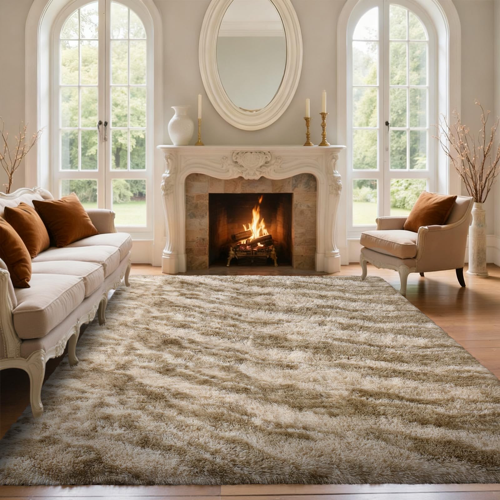 5×7ft Grey Fluffy Tie-Dyed Rug, Soft Shag Carpet for Home Decor