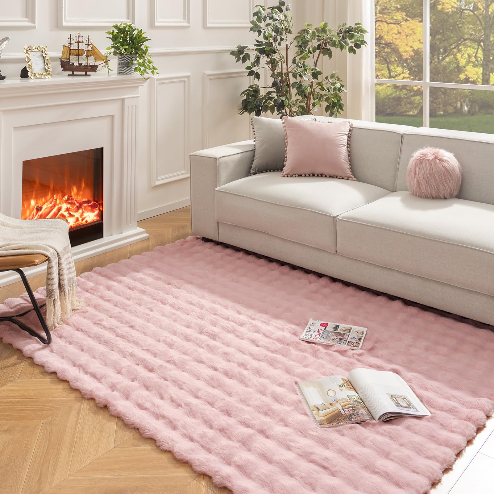 Ashler Faux Rabbit Fur Rug, Light Grey 3x5 FT Fluffy Soft Area Rugs, Rectangle Fuzzy Carpet for Living Room, Bedroom, Machine Washable Rug - 3D Bubble Mat