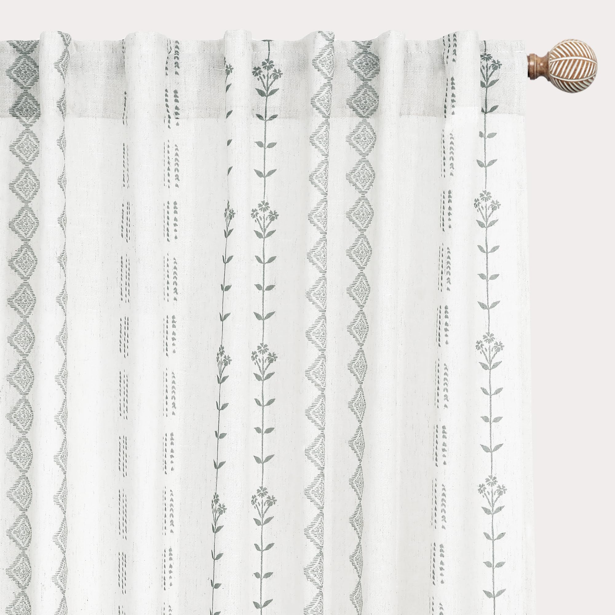 Linen Farmhouse Curtains for Living Room, Neutral Taupe Cream Light Filtering Boho Sheer Floral Patterned Curtains for Dining Room Bedroom 84 Inch Length 2 Panels Set