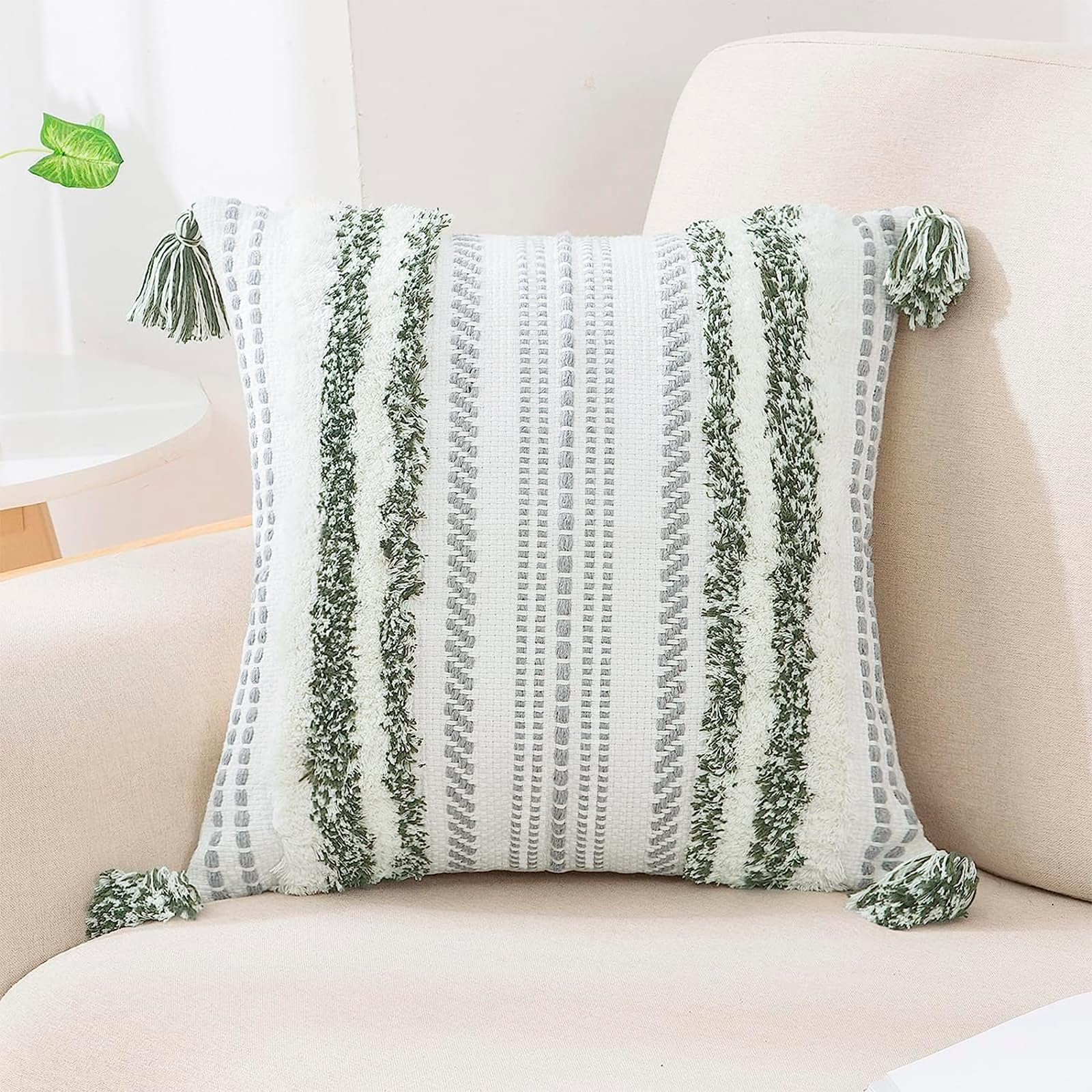 decorUhome Summer Decorative Boho Throw Pillow Covers 18x18 Set of 2, Accent Neutral Textured Tufted Pillow Covers Striped for Couch Bed Sofa Living Room, Khaki and Cream White