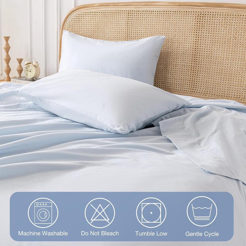 Yibeizi Light Blue 100% Washed Cotton Linen Feel Sheet Set Queen Size, 4 Pieces Deep Pocket Bed Sheets Soft Breathable Hotel Bedsheets
