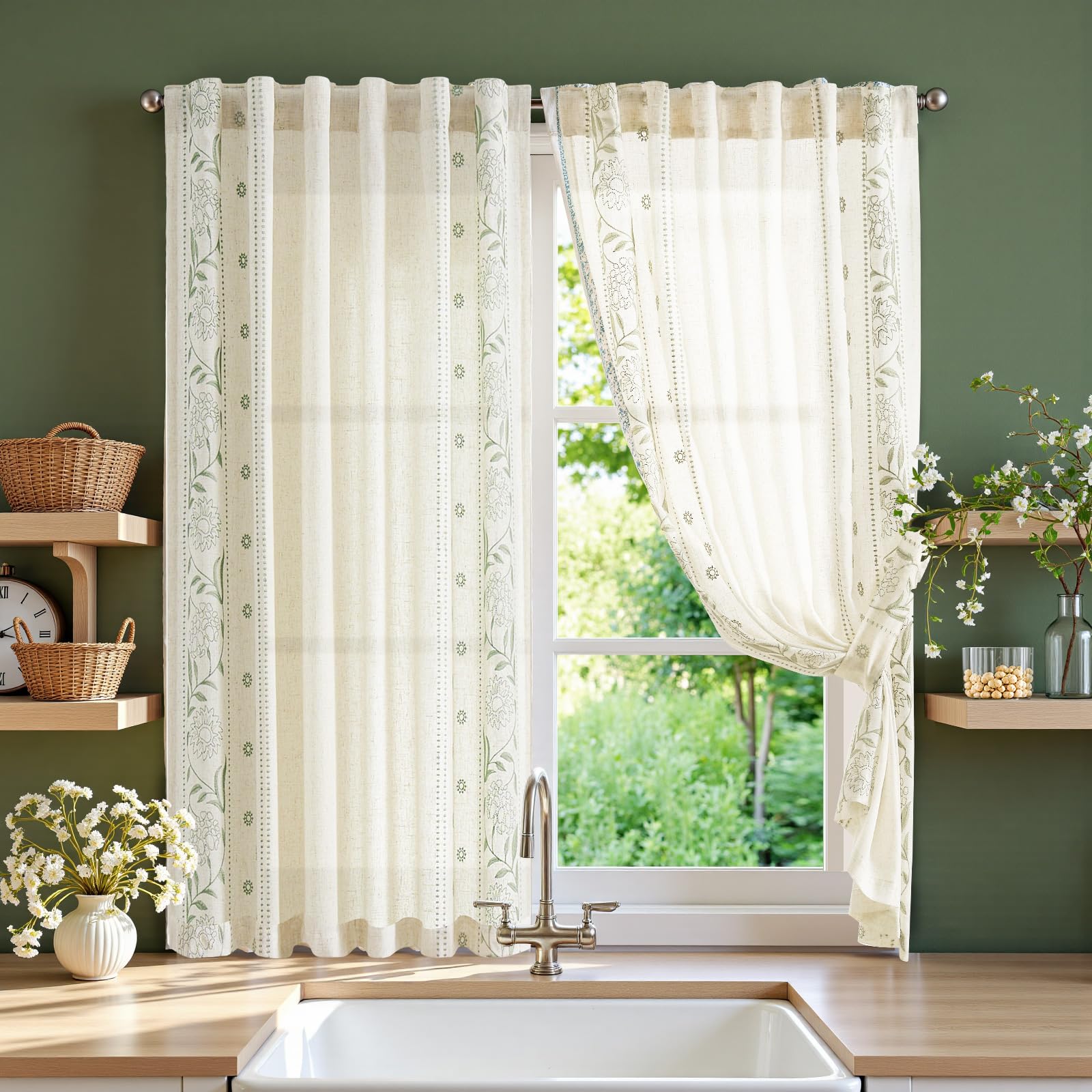 jinchan Winslow Linen Curtains for Bedroom 84 Inches Length Ivory on Taupe Embroidered Bordered Floral Curtains for Living Room Farmhouse Decor Light Filtering Window Treatments 2 Panels
