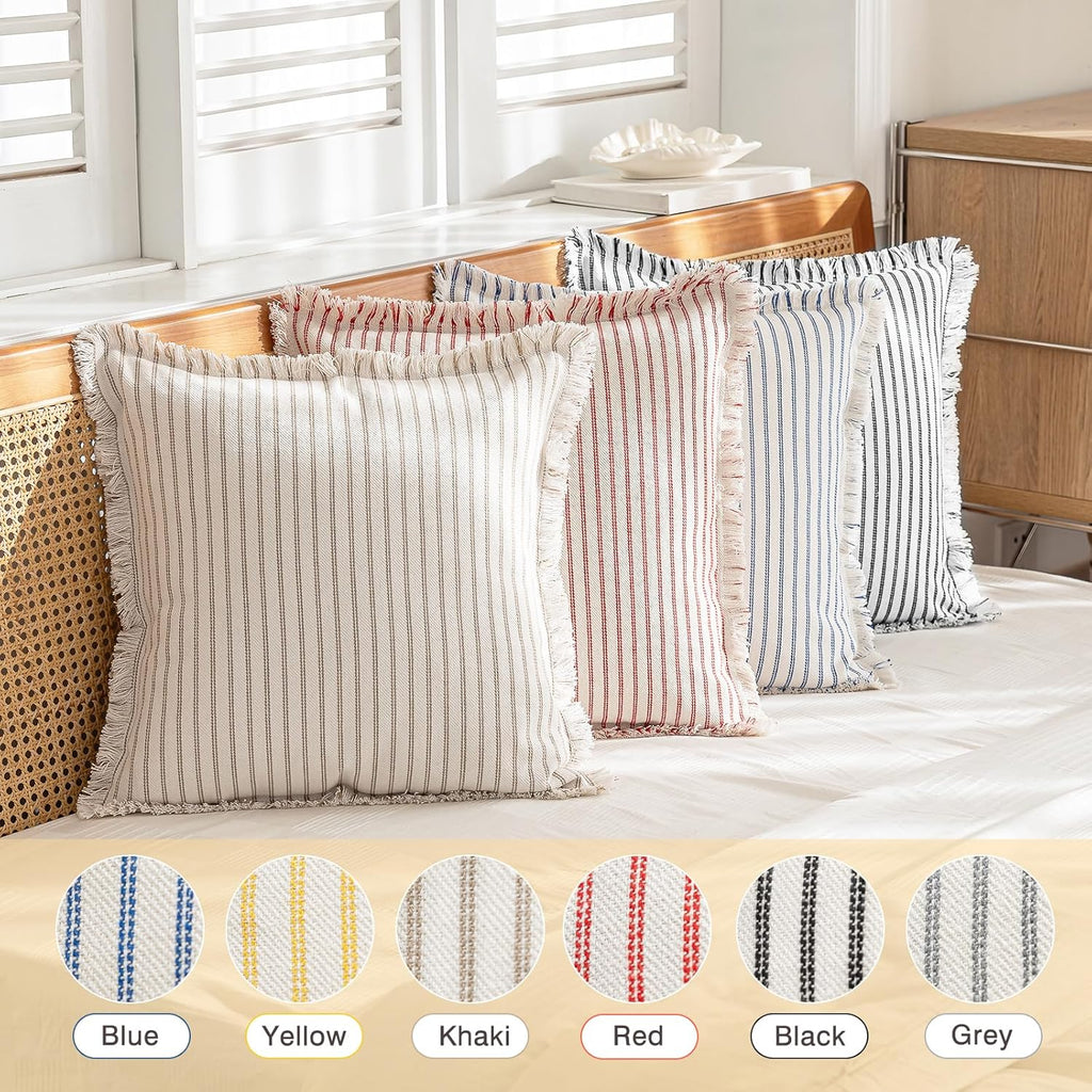 YEENAASY Throw Pillow Covers 22x22 Set of 2 Striped Fringe Pillow Cover Farmhouse Cushion Covers with Tassel Neutral Boho Pillows Decorative Square Pillowcase for Couch Sofa Bed, Blue