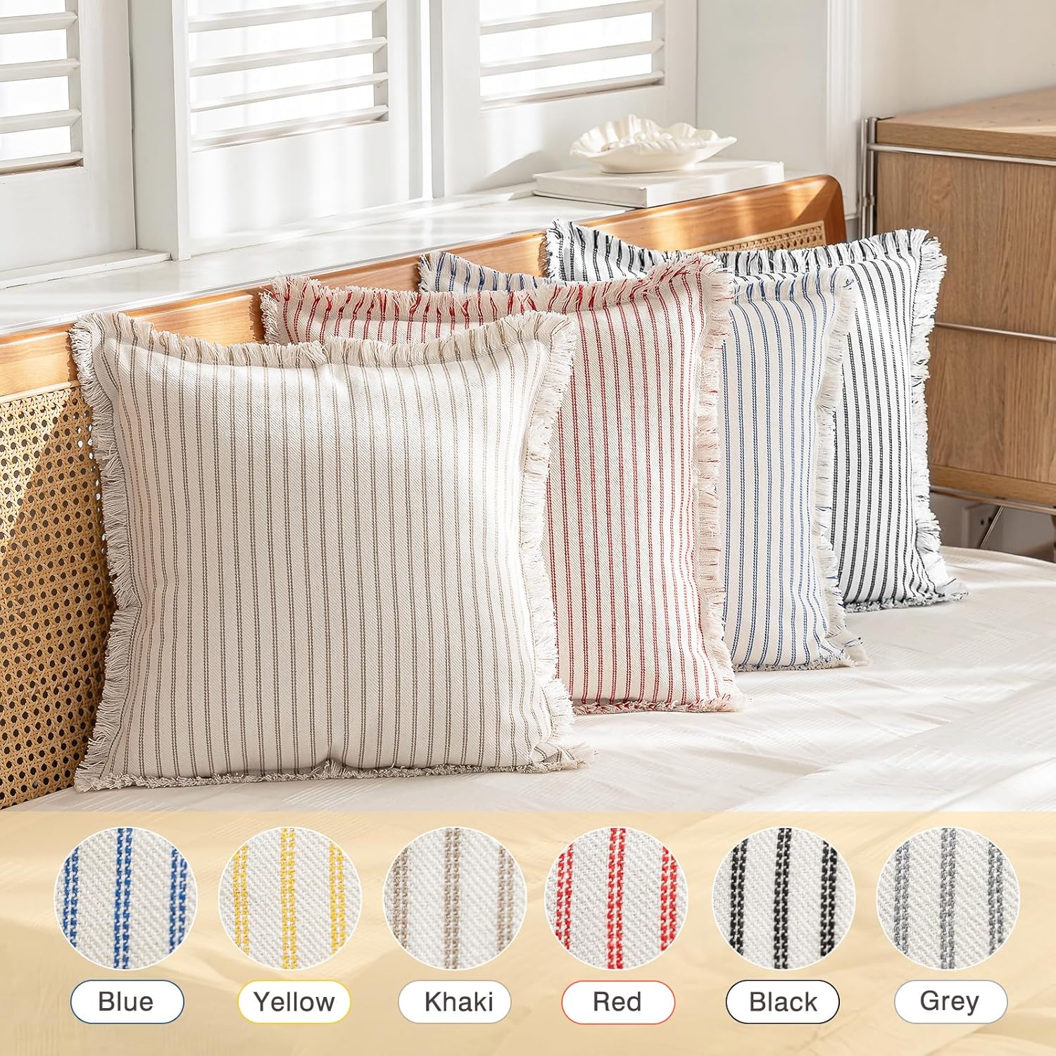 YEENAASY Throw Pillow Covers 22x22 Set of 2 Striped Fringe Pillow Cover Farmhouse Cushion Covers with Tassel Neutral Boho Pillows Decorative Square Pillowcase for Couch Sofa Bed, Blue