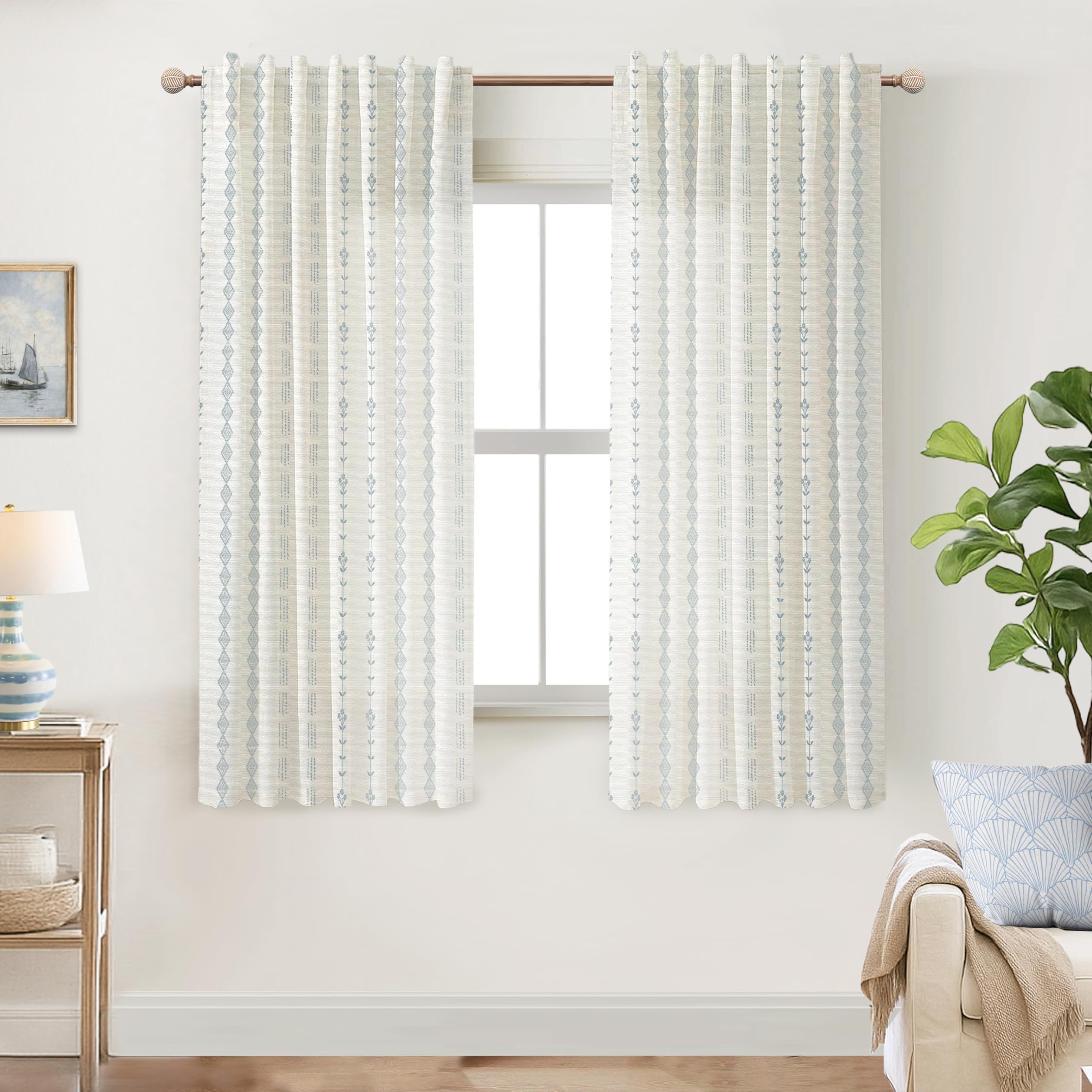 Linen Farmhouse Curtains for Living Room, Neutral Taupe Cream Light Filtering Boho Sheer Floral Patterned Curtains for Dining Room Bedroom 84 Inch Length 2 Panels Set