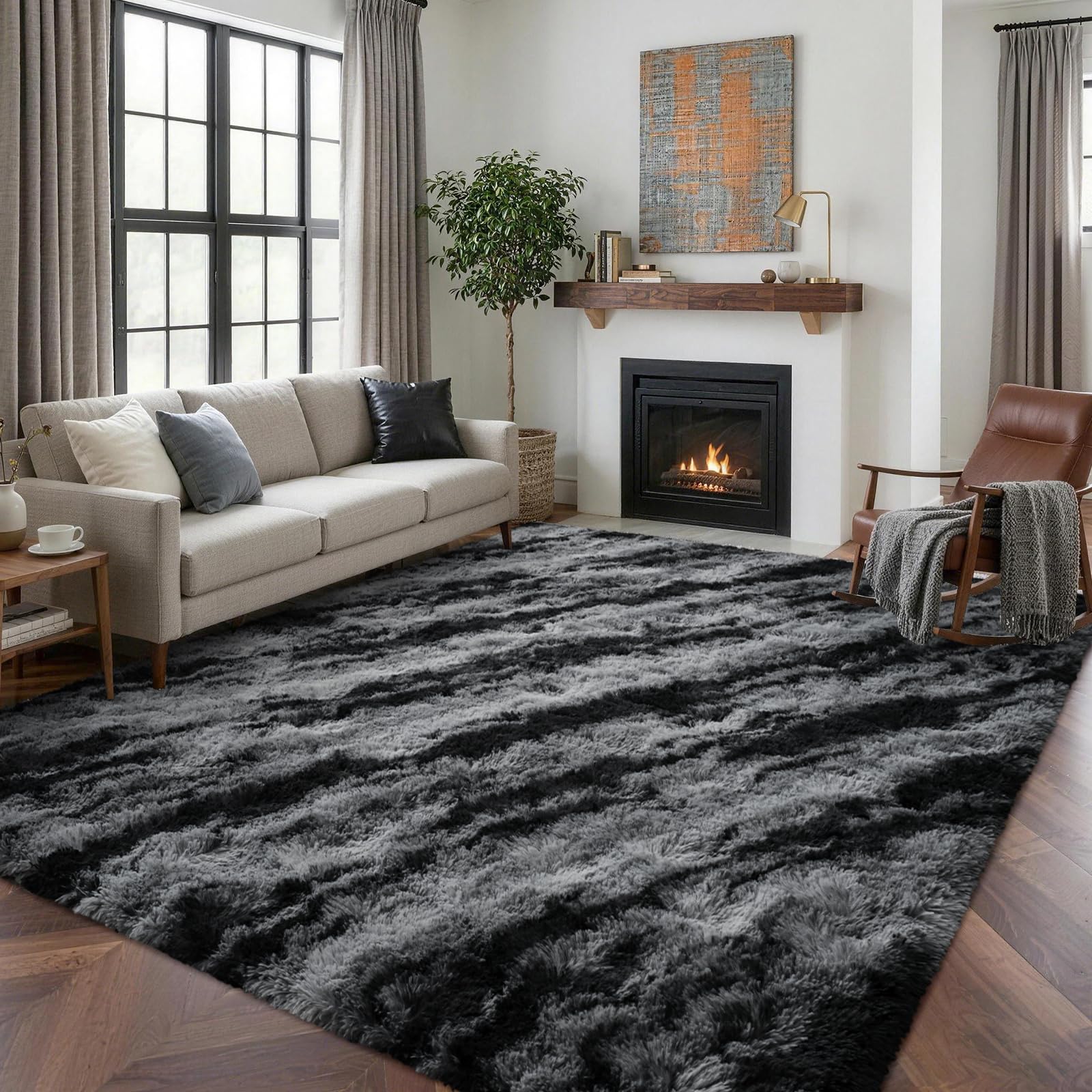 5×7ft Grey Fluffy Tie-Dyed Rug, Soft Shag Carpet for Home Decor