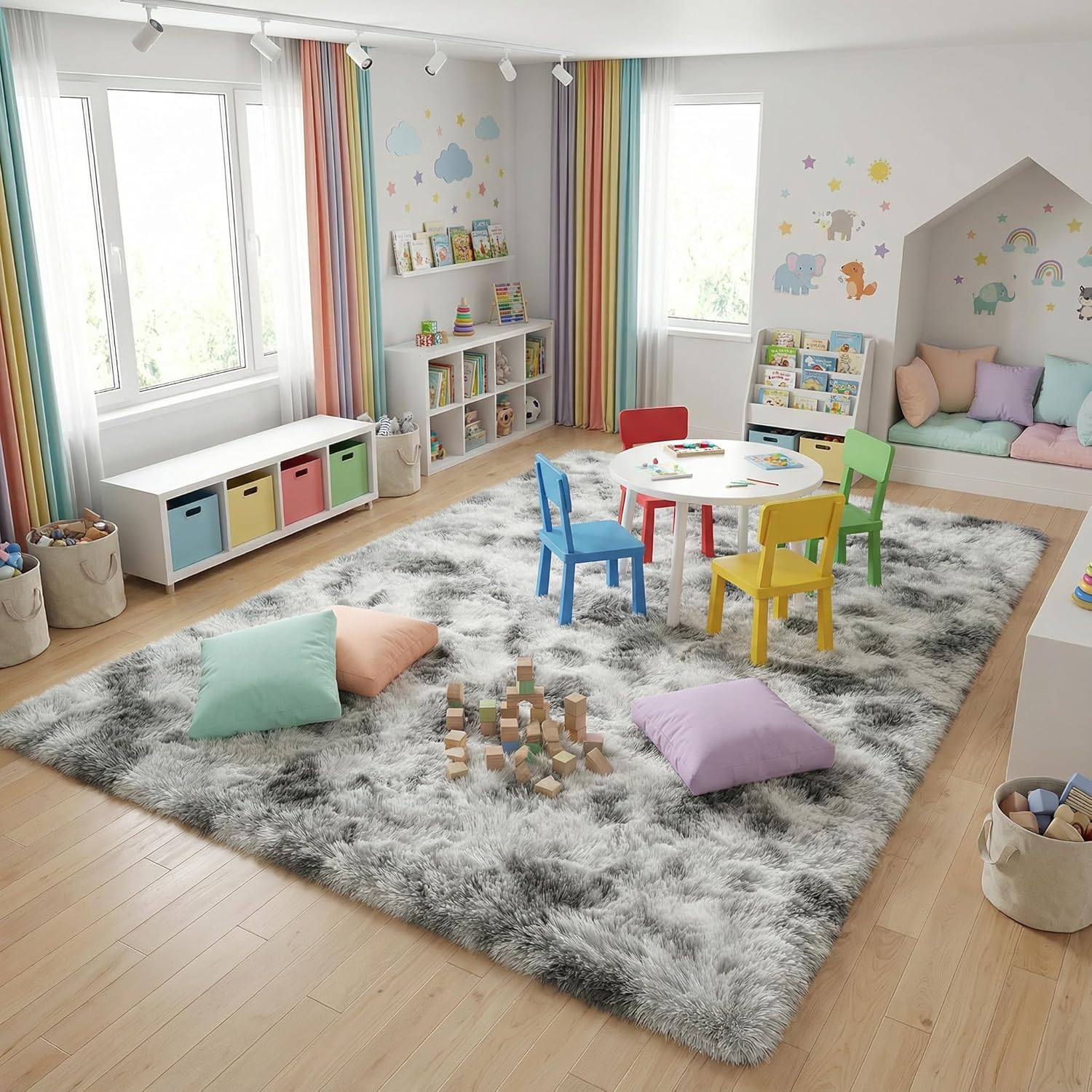 Fluffy 5x7 Area Rugs for Bedroom: Tie-dye White Grey Soft Shag Rug for Living Room, Large Fuzzy Plush Indoor Floor Carpet Non Slip Modern Rug for Nursery Boys Girls Kids Room Playroom Dorms Home Decor