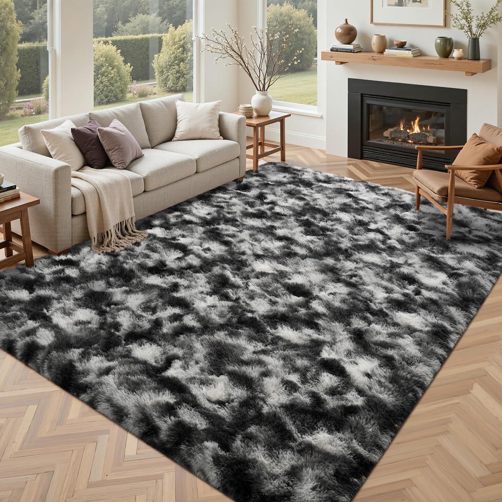 5×7ft Grey Fluffy Tie-Dyed Rug, Soft Shag Carpet for Home Decor